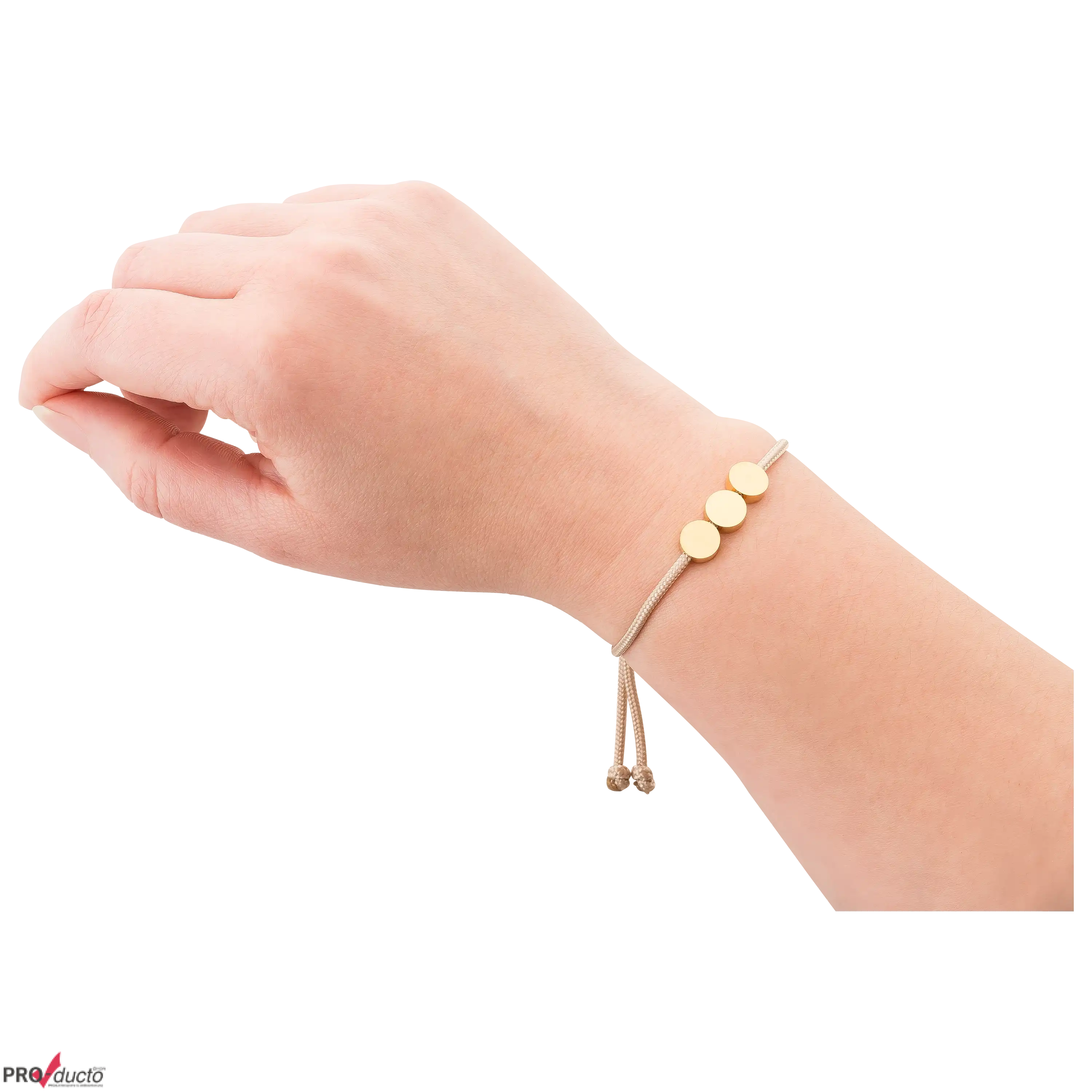 Ein zartes Armband mit drei goldenen Plättchen an einem Textilband als professionelles Produktfoto von PRO-ducto.