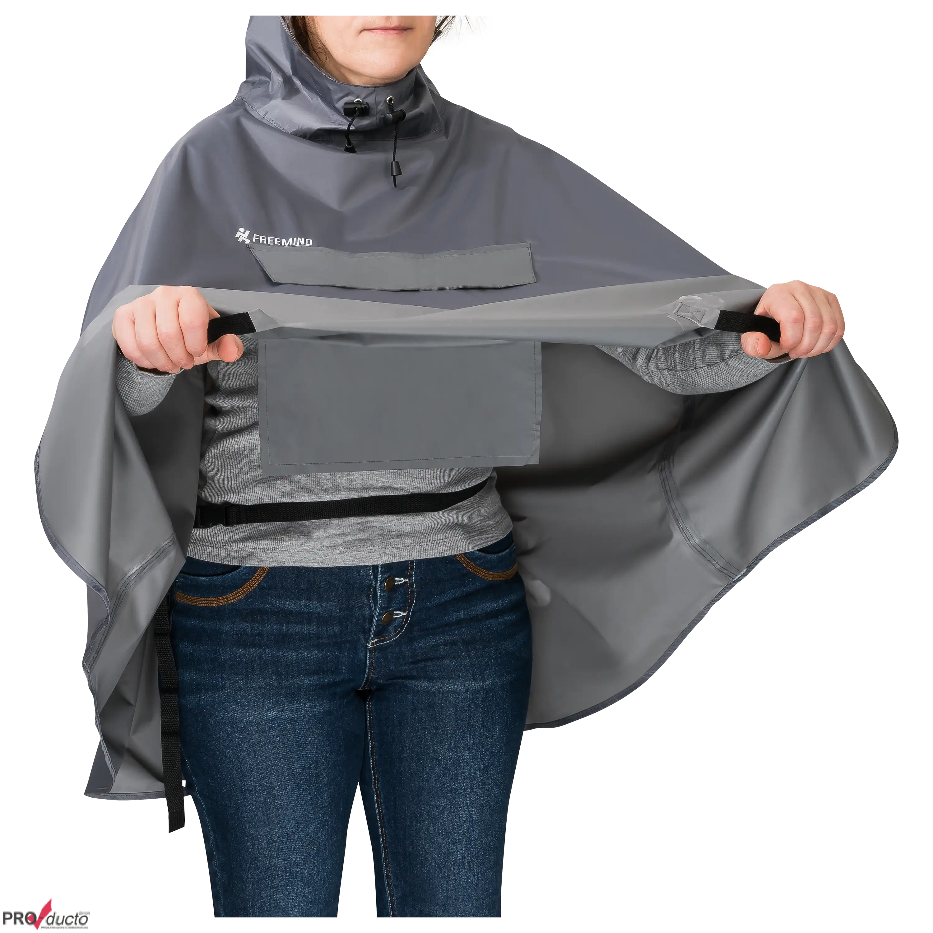 Professionelle Produktfotografie eines grauen Regencapes von Freemind für die Textilfotografie bei PRO-ducto GmbH.