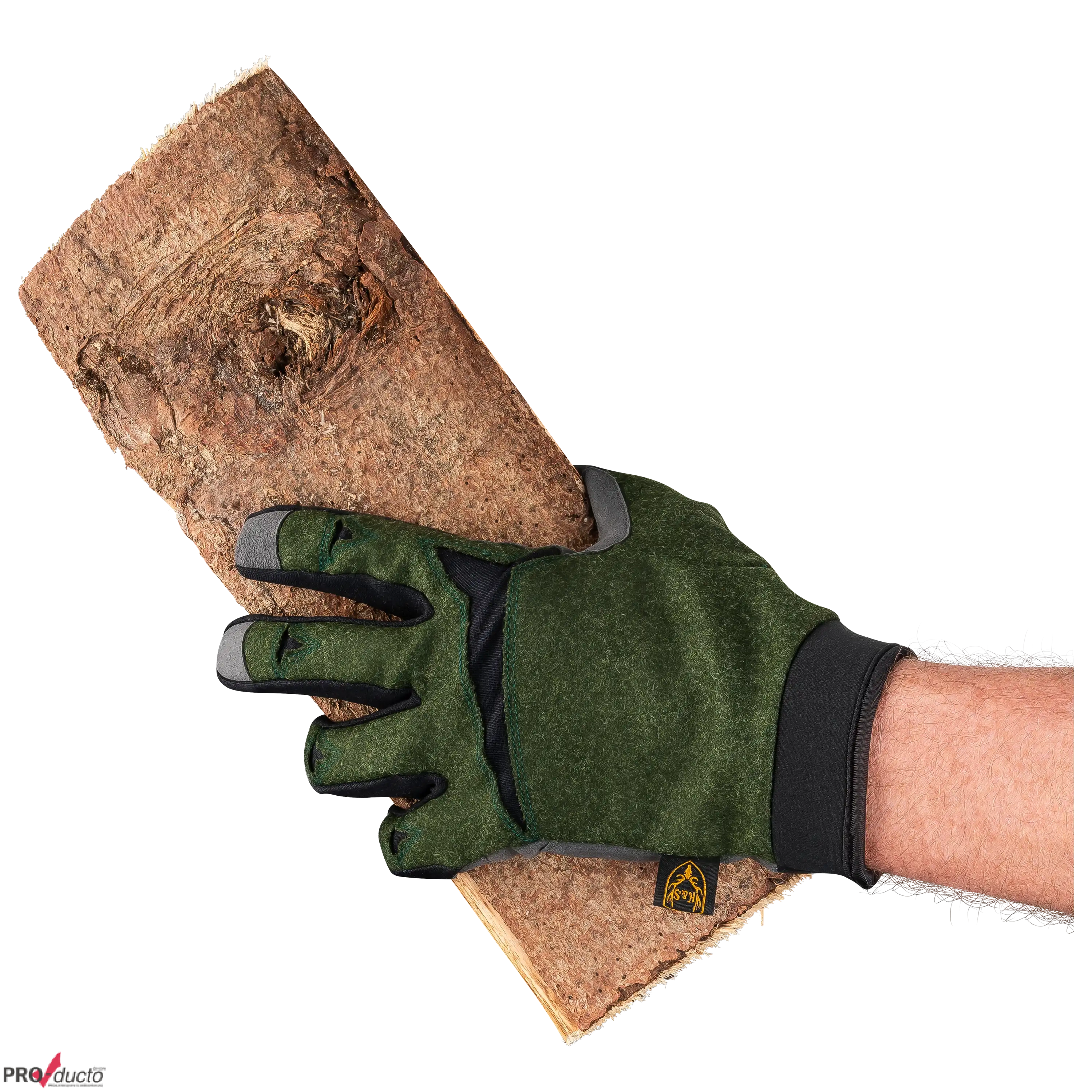 Professionelle Produktfotografie eines grünen Jagdhandschuhs, der ein Stück Holz hält, ideal für Textilfotografie.