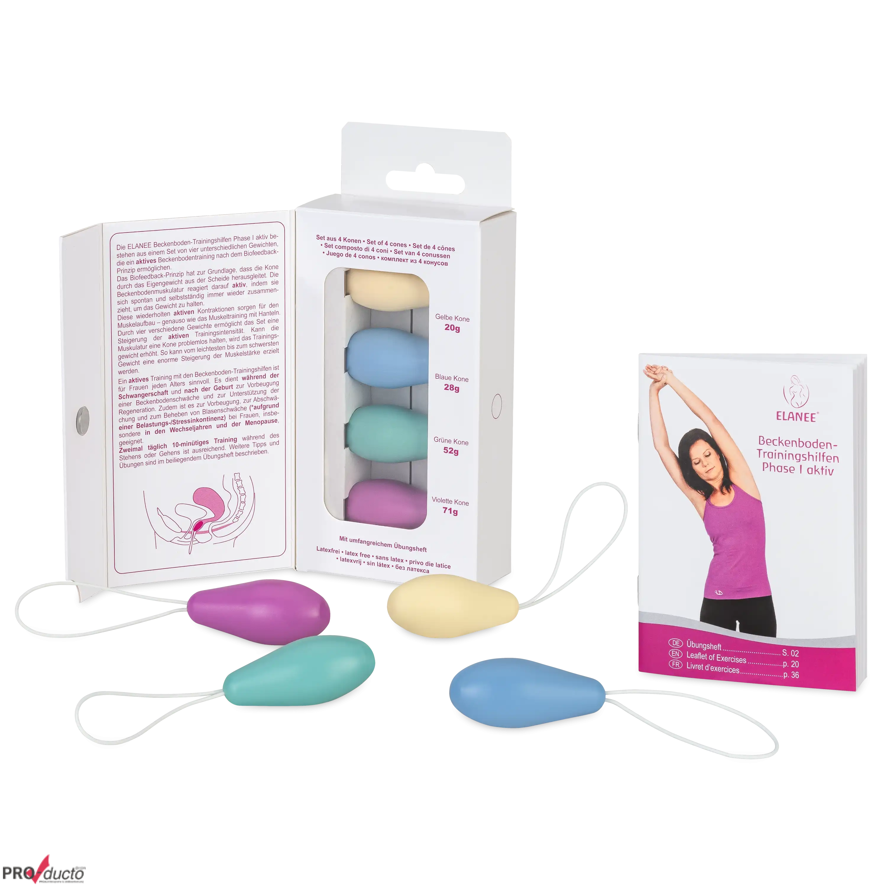 ELANEE Beckenboden-Trainingshilfen Set mit vier farbigen Konen, Verpackung und Übungsheft für professionelle Produktfotos.