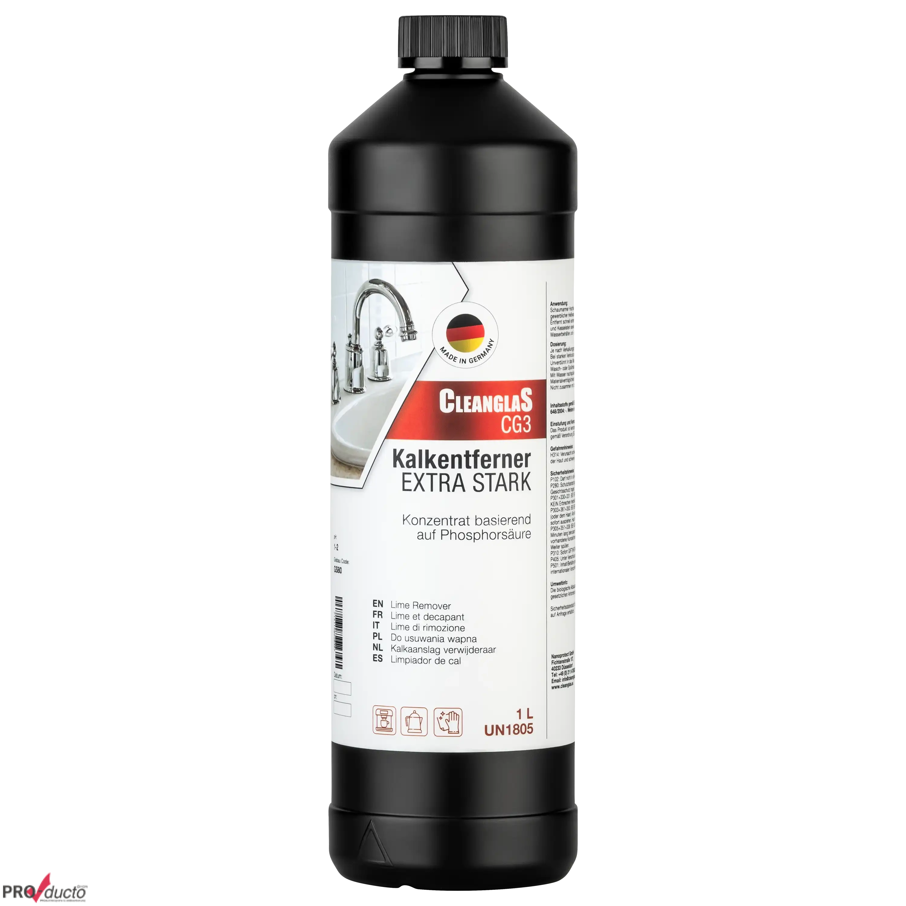 Eine schwarze Flasche Cleanglas Kalkentferner CG3 für professionelle Produktfotos von der PRO-ducto GmbH.