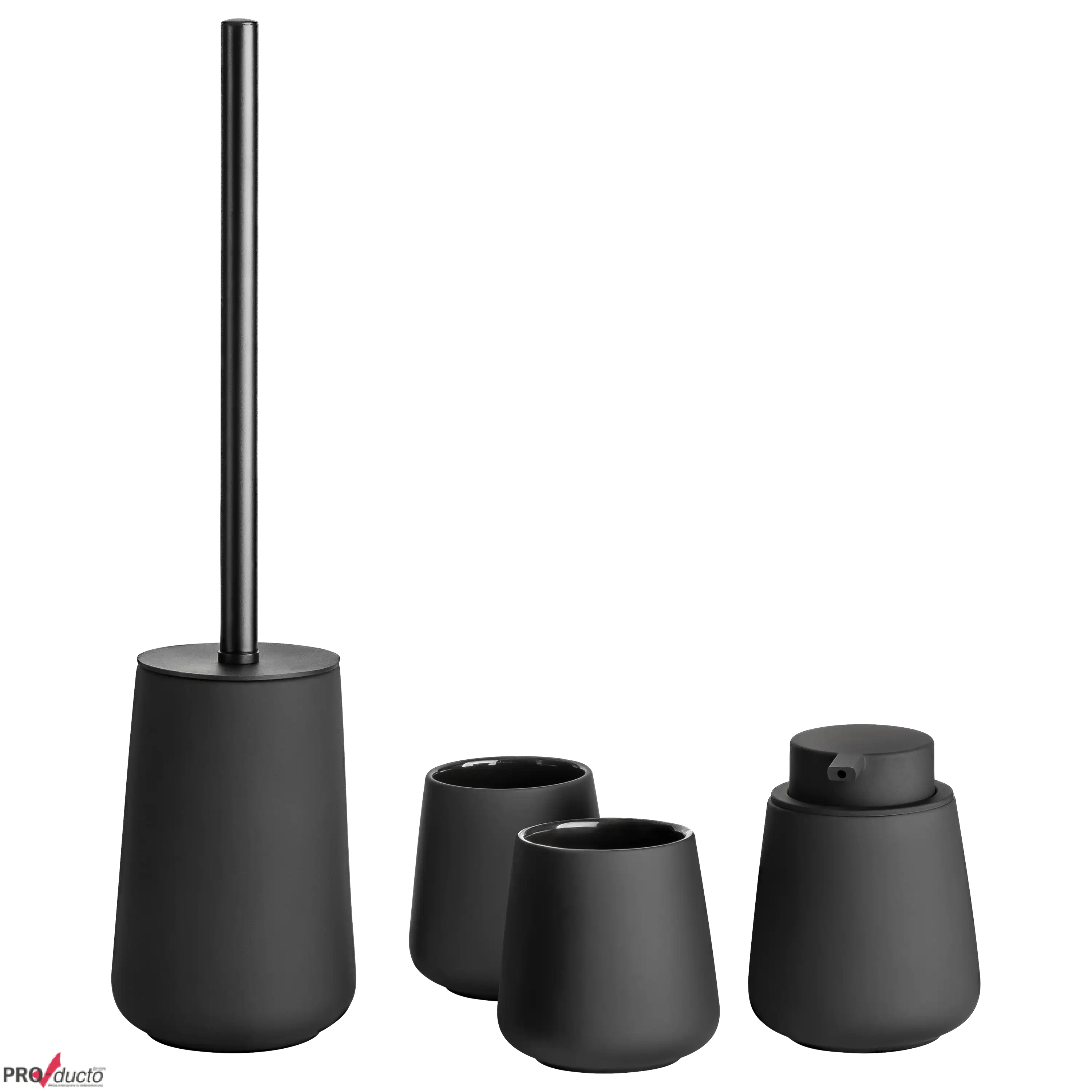 Schwarzes Badezimmer-Set von PRO-ducto GmbH: WC-Bürste, zwei Zahnputzbecher und ein Seifenspender vor schwarzem Grund.