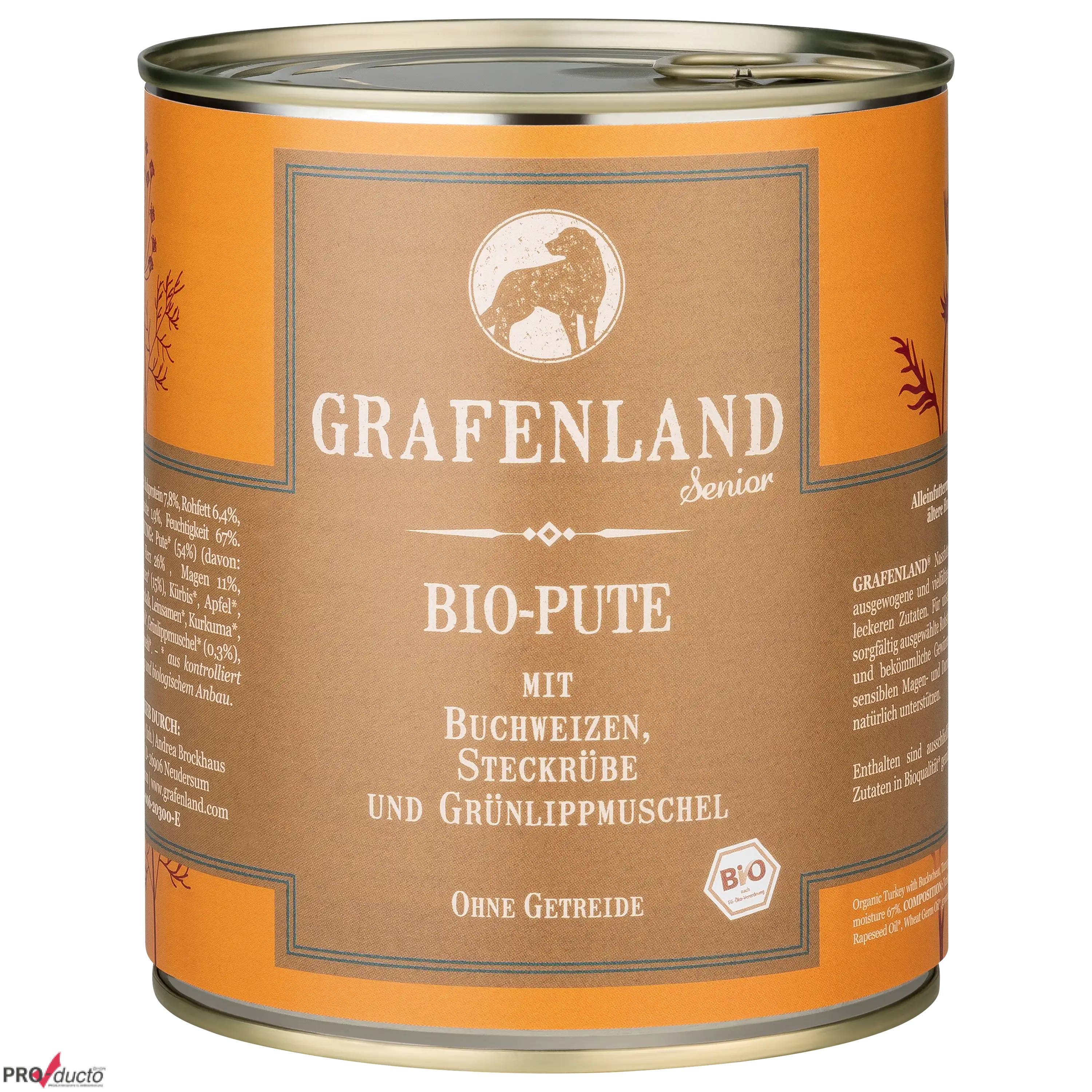 Eine Dose Grafenland Senior Bio-Pute Hundefutter mit Buchweizen, Steckrübe und Grünlippmuschel auf schwarzem Grund.