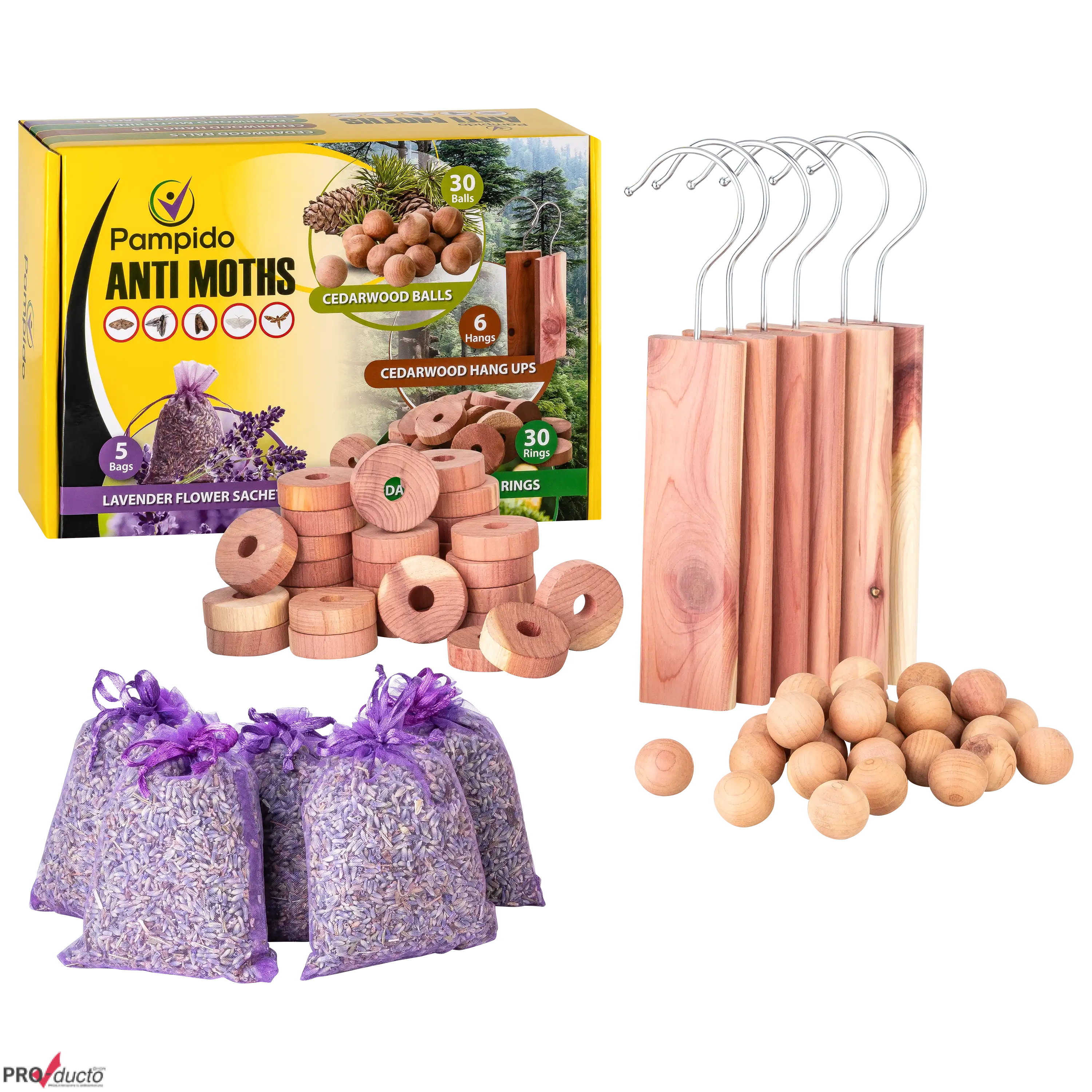 Pampido Anti-Motten-Set mit Zedernholzringen, Kugeln, Kleiderbügeln und Lavendelsäckchen für professionelle Textilfotografie.