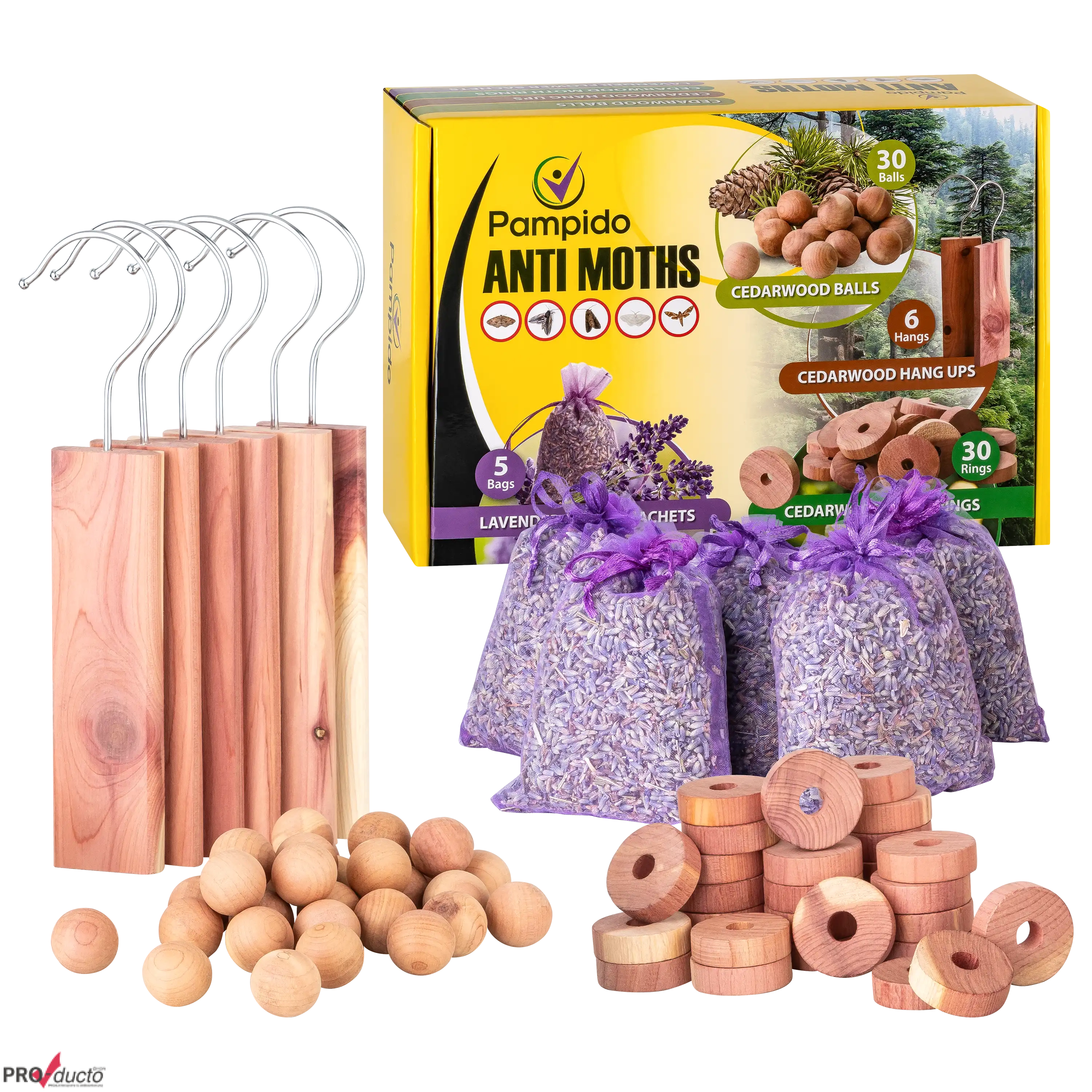 Pampido Anti-Motten-Set mit Zedernholz-Anhängern, Kugeln, Ringen und Lavendelsäckchen für professionelle Produktfotos.