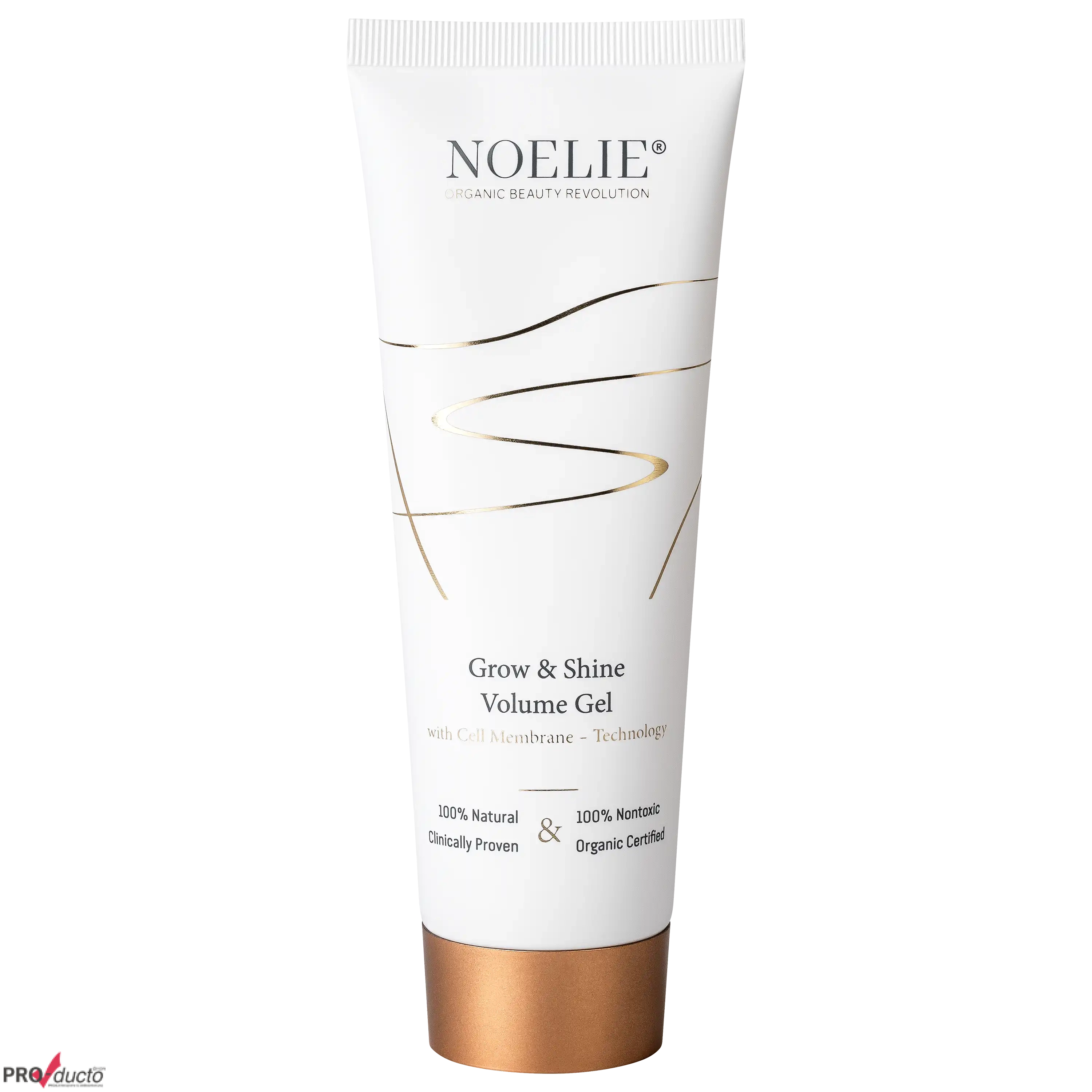 Weiße Tube NOELIE Grow & Shine Volume Gel für professionelle Produktfotos von der PRO-ducto GmbH in Szene gesetzt.