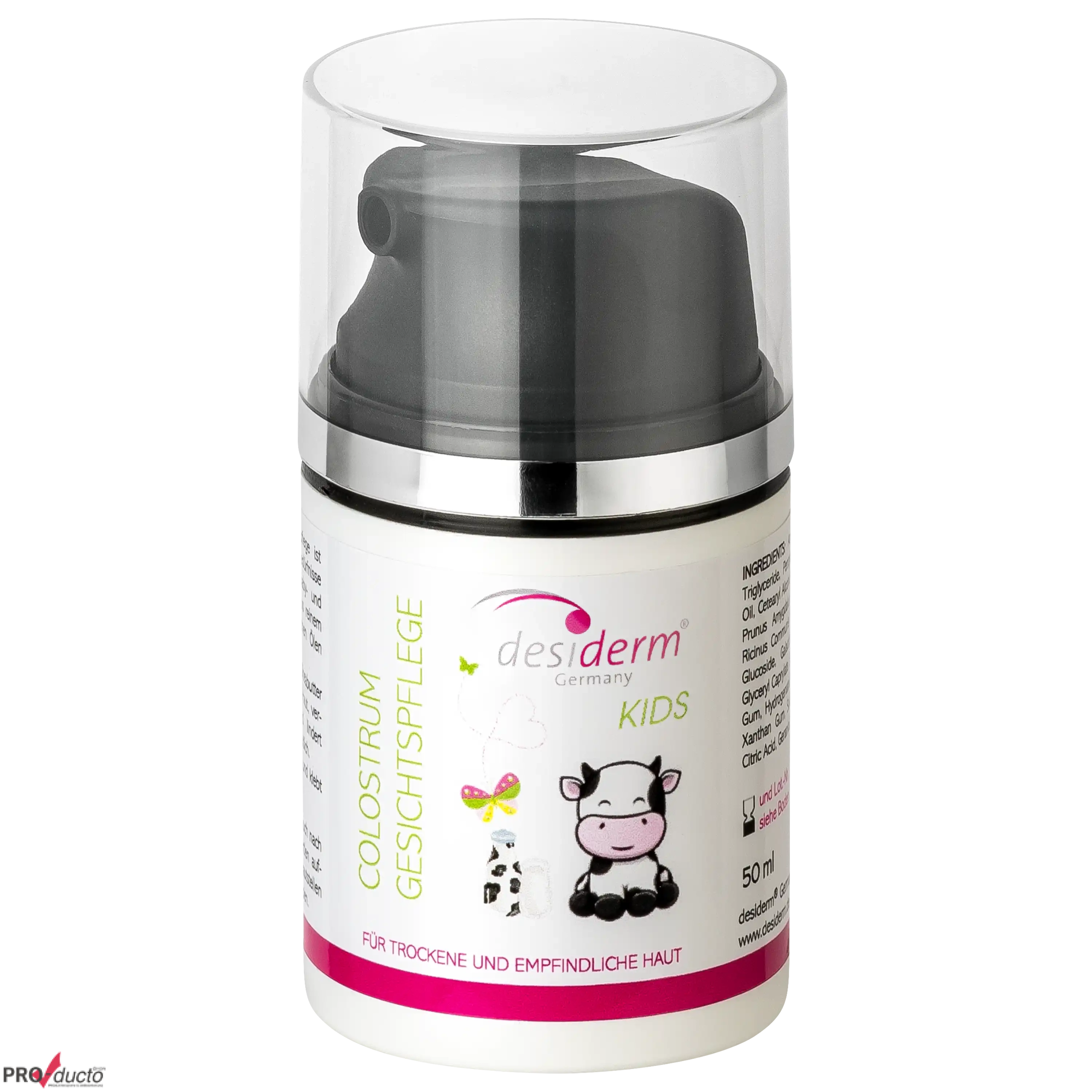 Professionelle Produktfotos von PRO-ducto GmbH: Desiderm Kids Colostrum Gesichtspflege in einem 50ml Pumpspender.