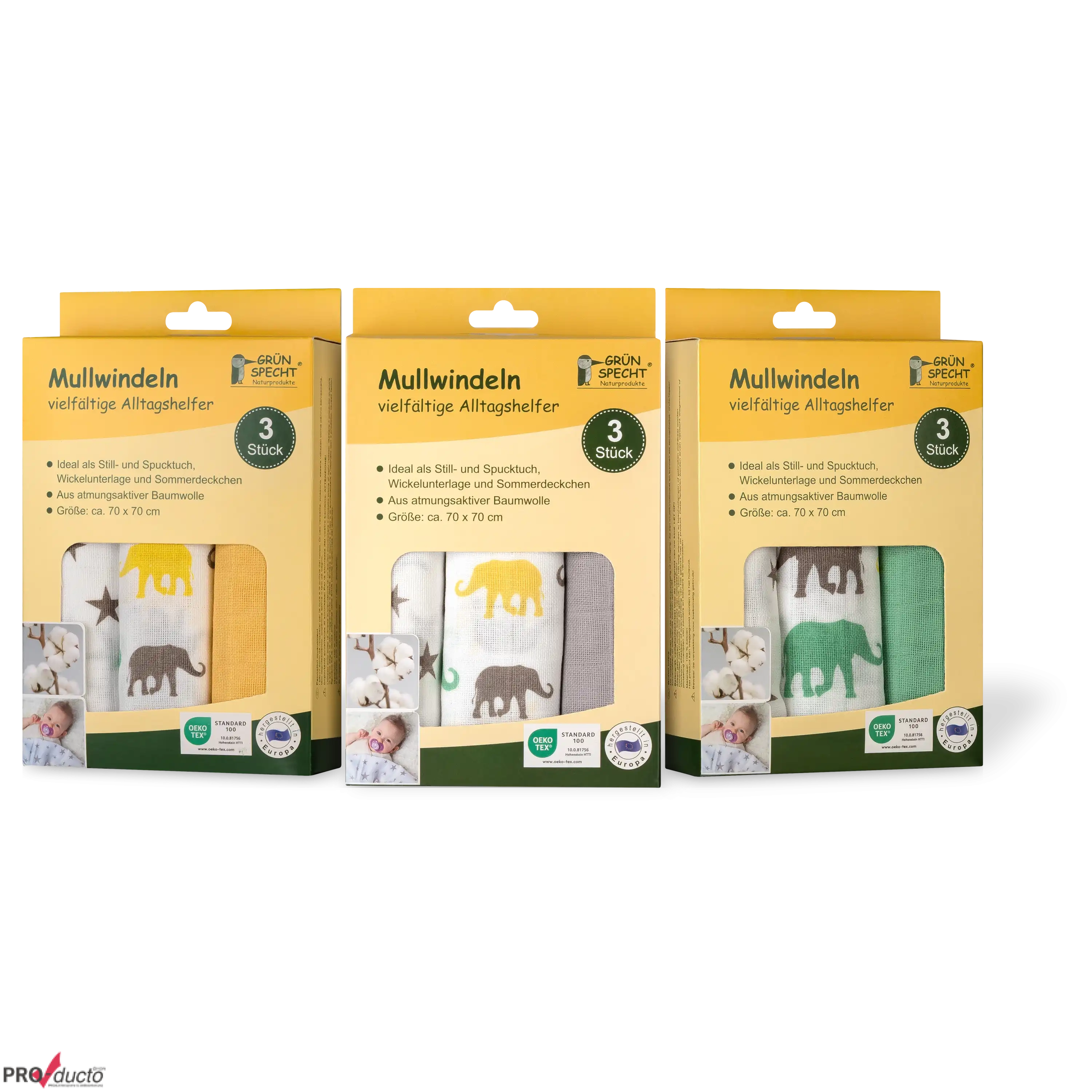 Drei Verpackungen von Grün Specht Mullwindeln für professionelle Produktfotografie von Textilien im Fotostudio.