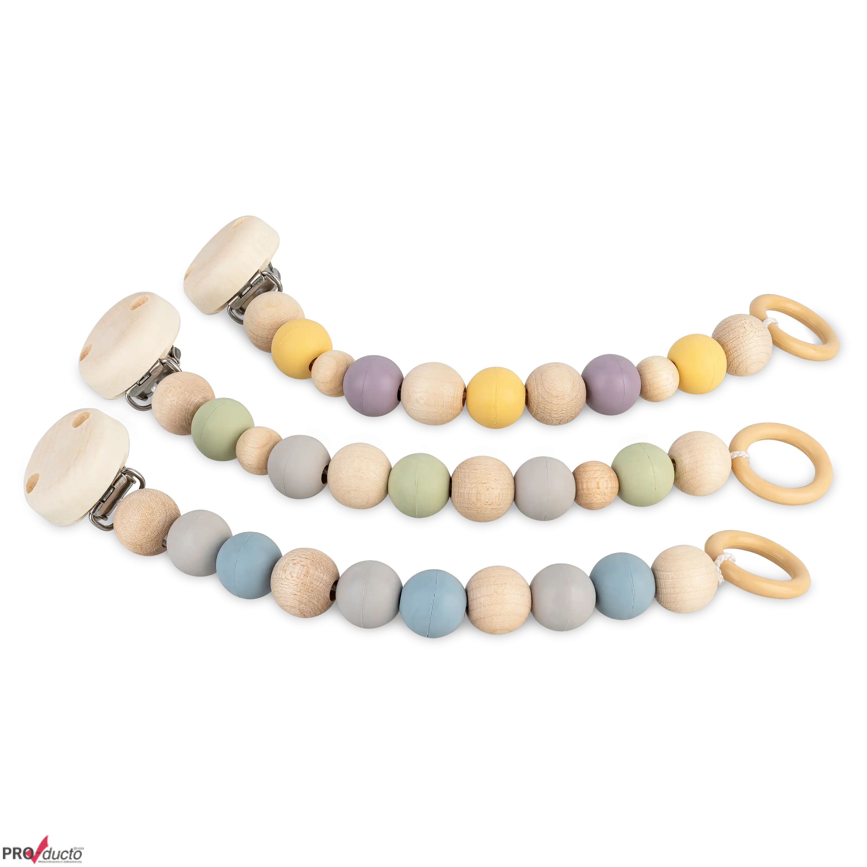 Drei Schnullerketten aus Holz und Silikonperlen in Pastellfarben für professionelle Produktfotos im Fotostudio.