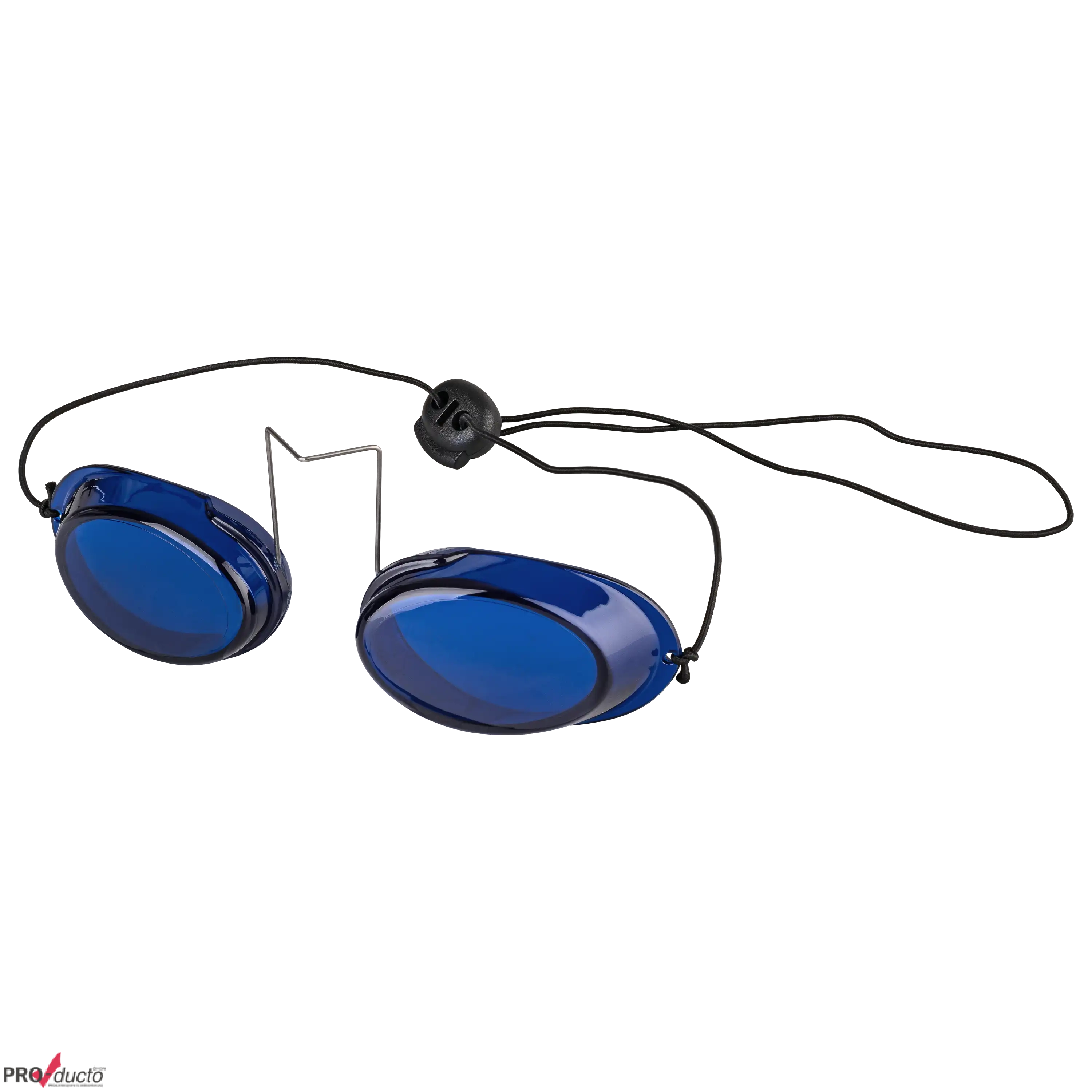 Professionelle Produktfotografie einer blauen Schutzbrille mit verstellbarem Kopfband vor schwarzem Hintergrund.