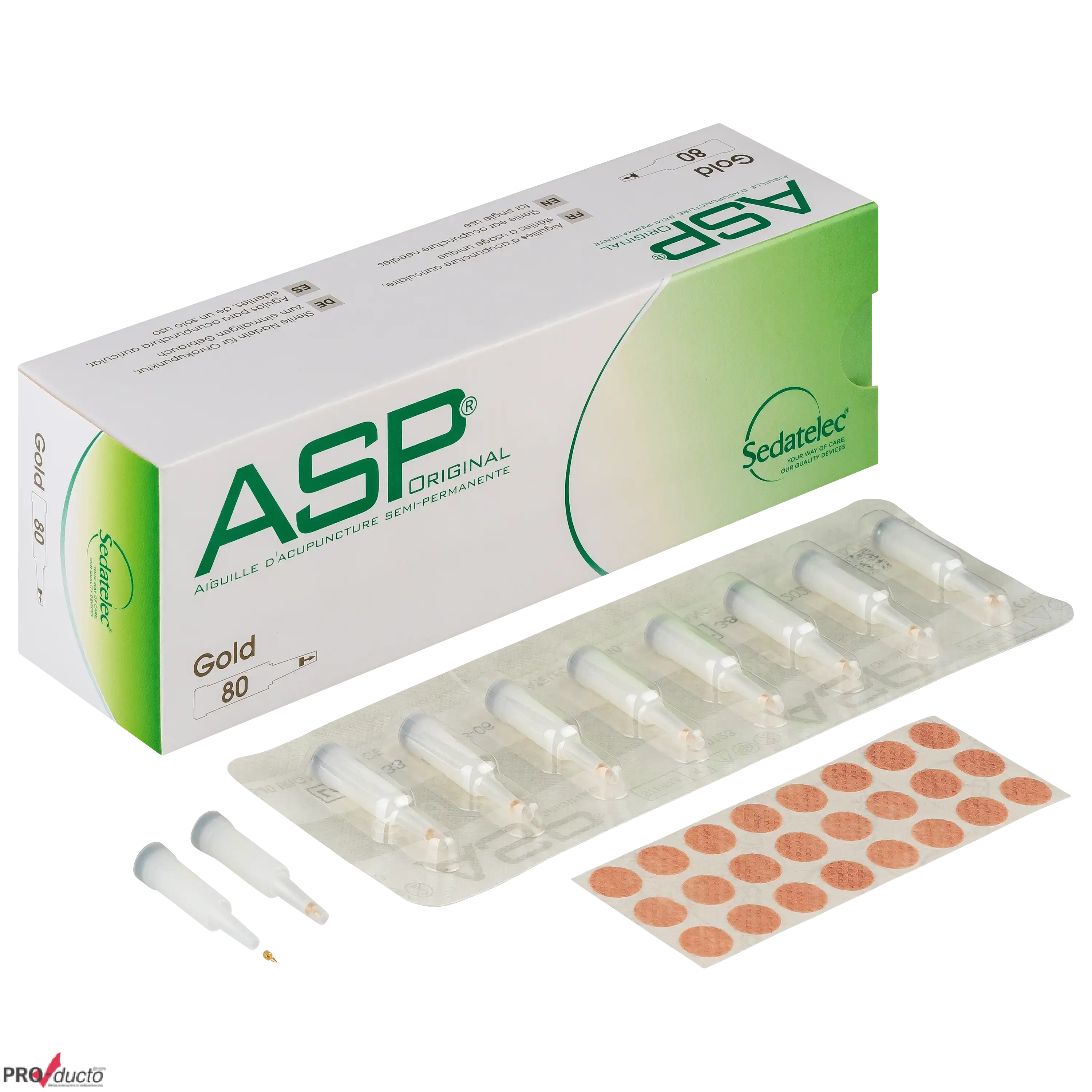 Professionelle Produktfotos einer ASP Original Akupunktur-Packung mit Nadeln und Pflastern vor schwarzem Hintergrund.
