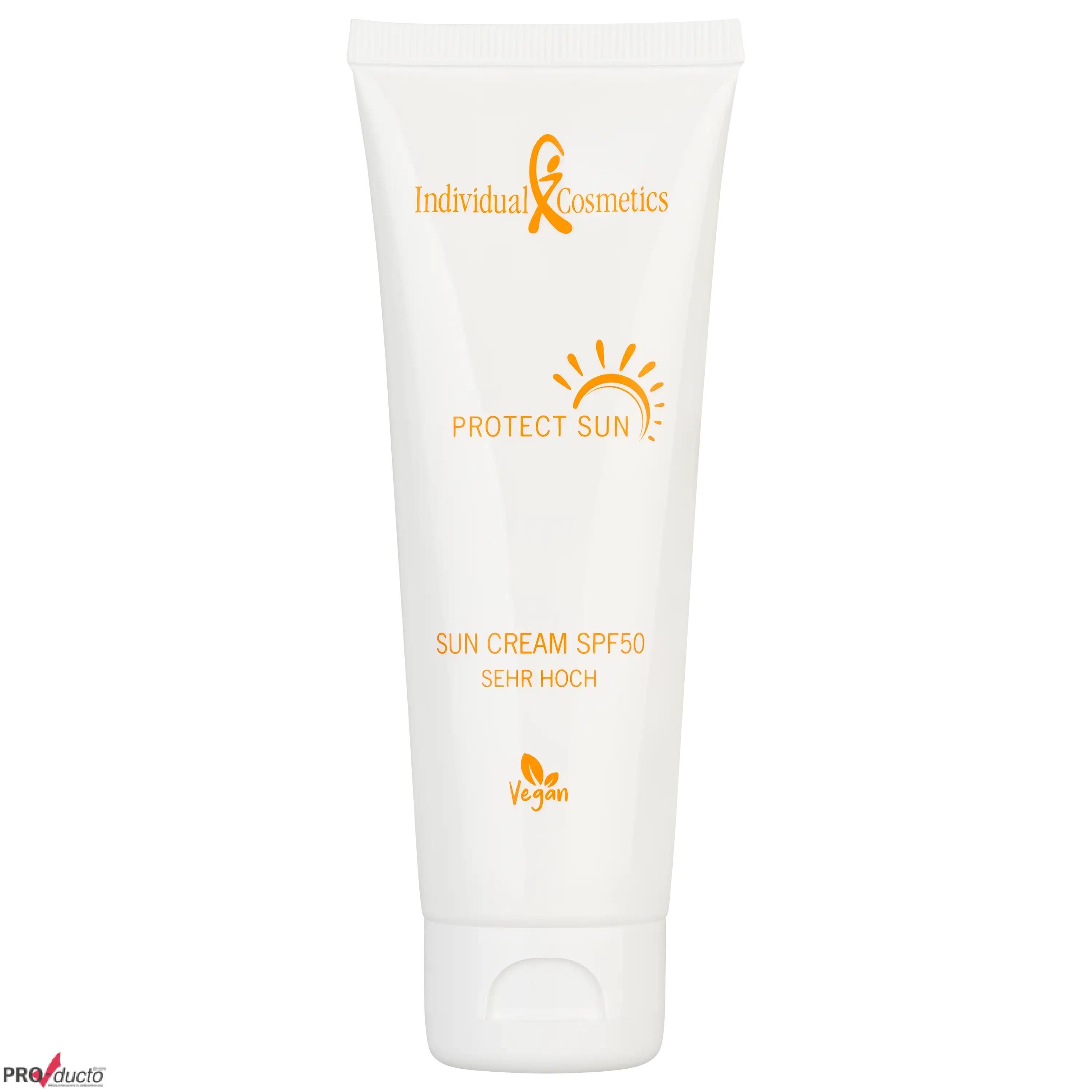 Weiße Tube Sonnencreme von Individual Cosmetics mit LSF 50, professionelle Produktfotografie von PRO-ducto GmbH.
