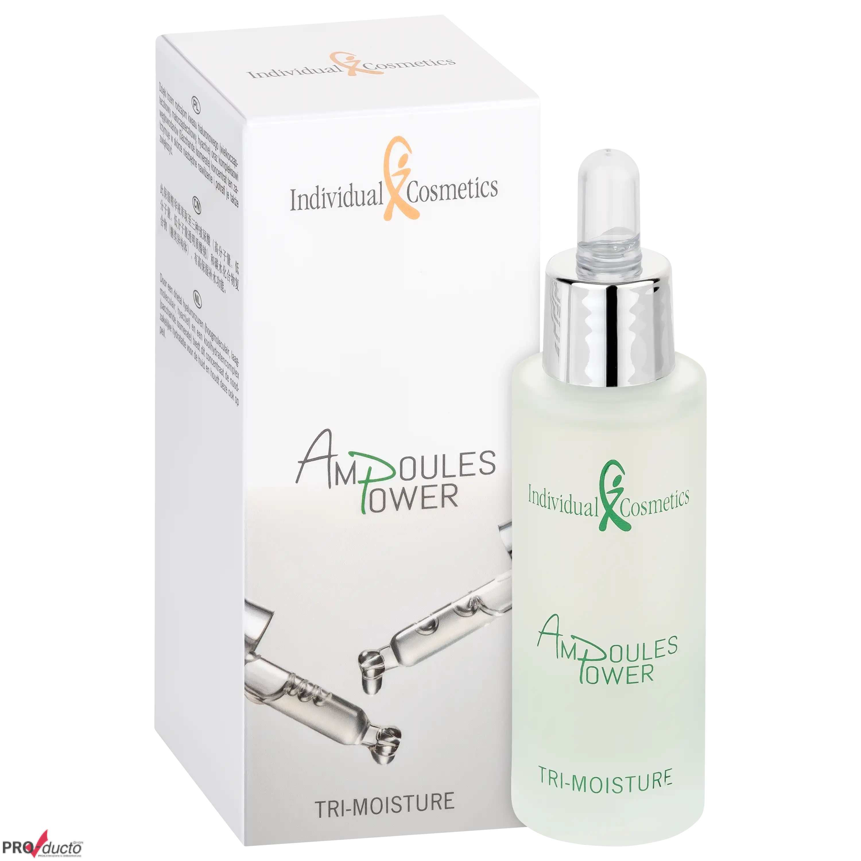Professionelle Produktfotos von Individual Cosmetics Ampoules Tower Tri-Moisture Serum mit weißer Umverpackung.