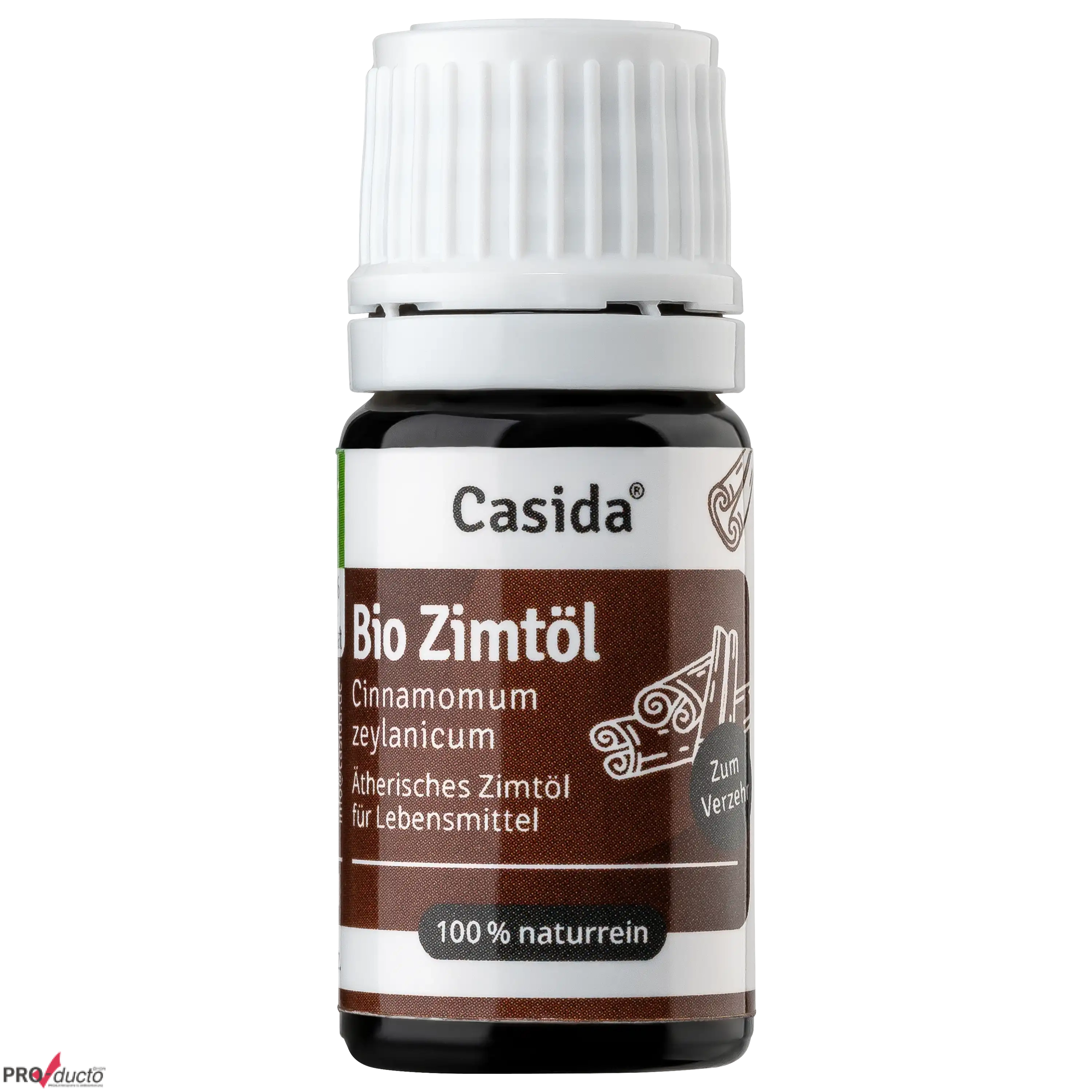Eine kleine braune Flasche mit Casida Bio Zimtöl vor schwarzem Hintergrund, professionelle Produktfotografie.