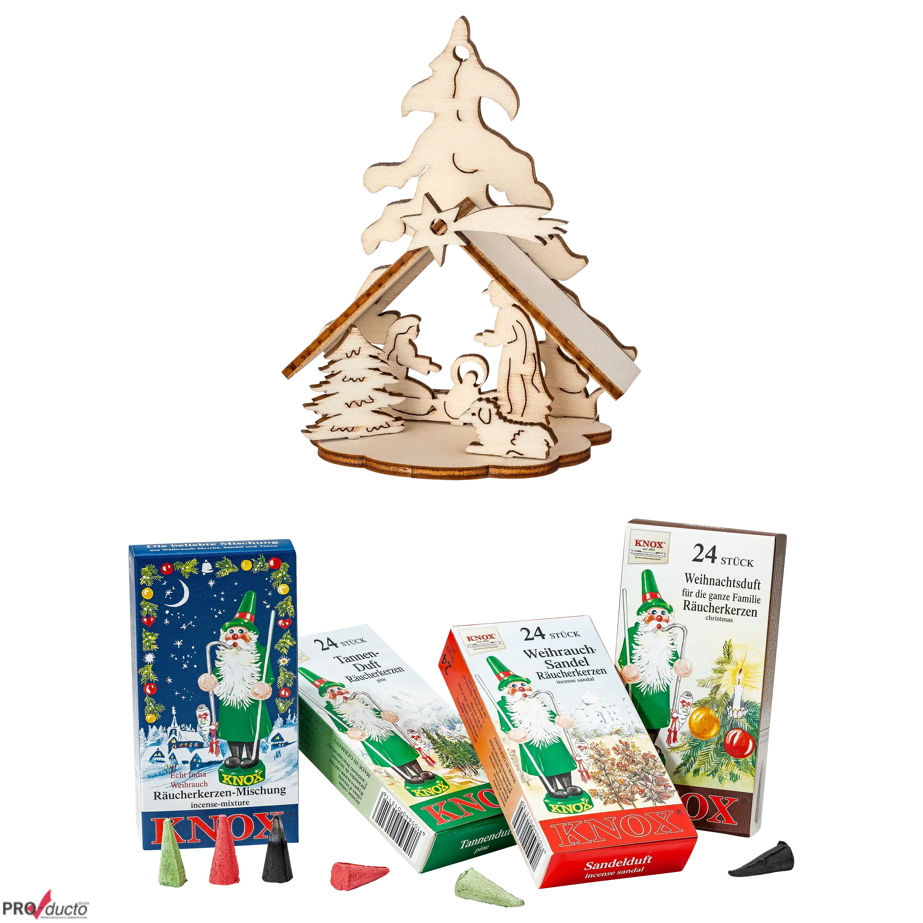Weihnachtliche Krippe aus Holz mit verschiedenen Packungen KNOX Räucherkerzen für professionelle Produktfotos.