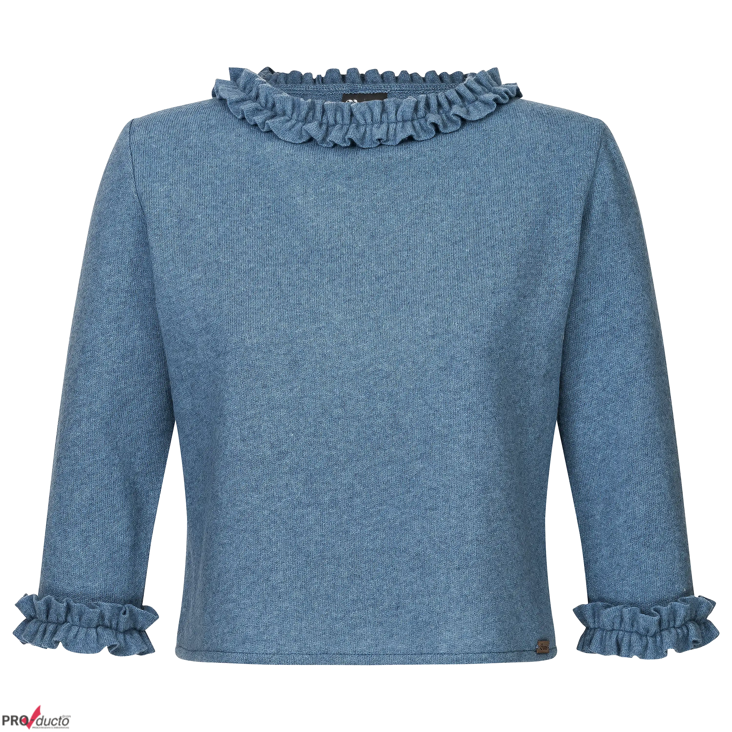 Blauer Pullover mit Rüschenkragen und Rüschen an den Ärmeln als professionelle Textilfotografie von PRO-ducto GmbH.