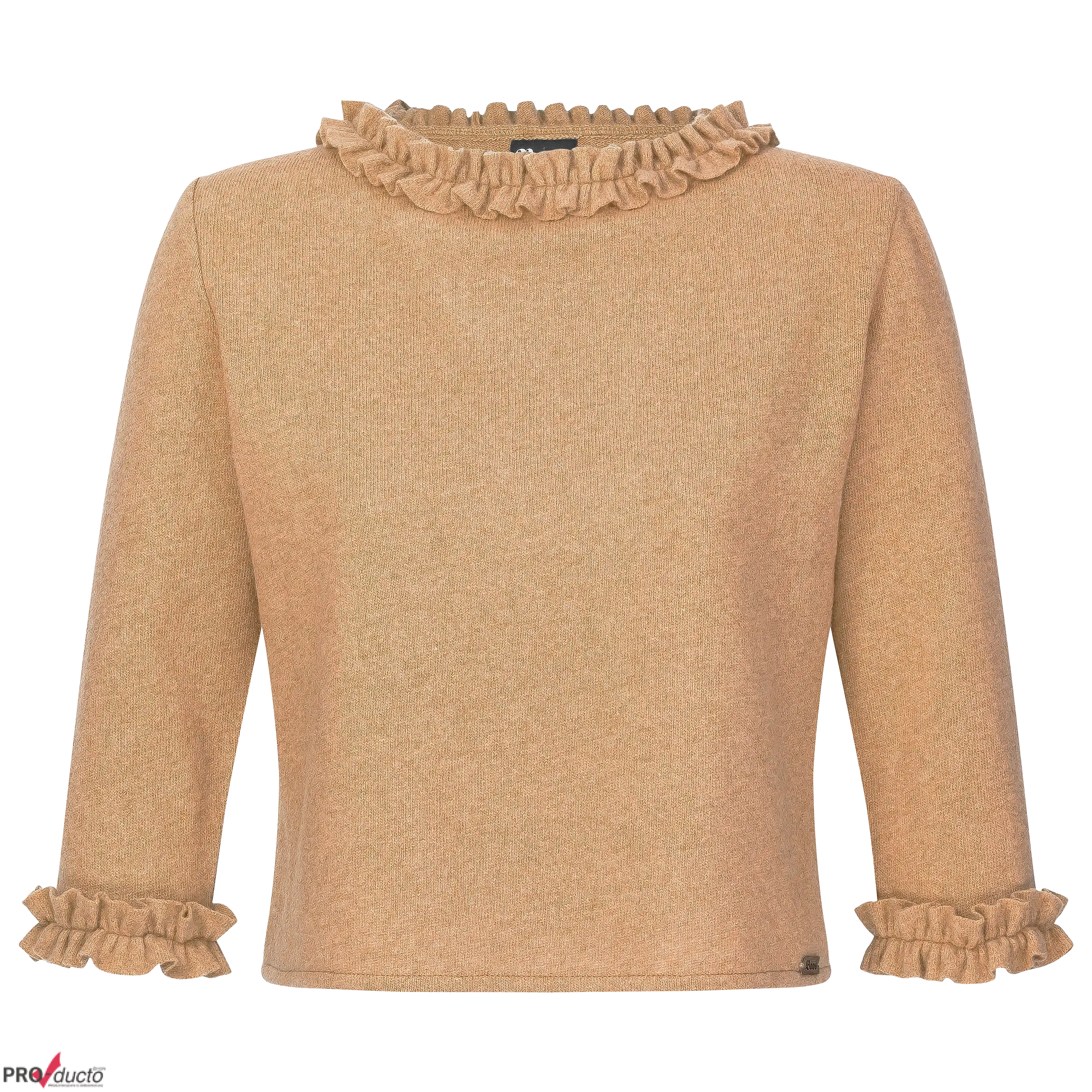Beigefarbener Pullover mit Rüschenkragen und Rüschen an den Ärmeln als professionelles Produktfoto für Textilien.
