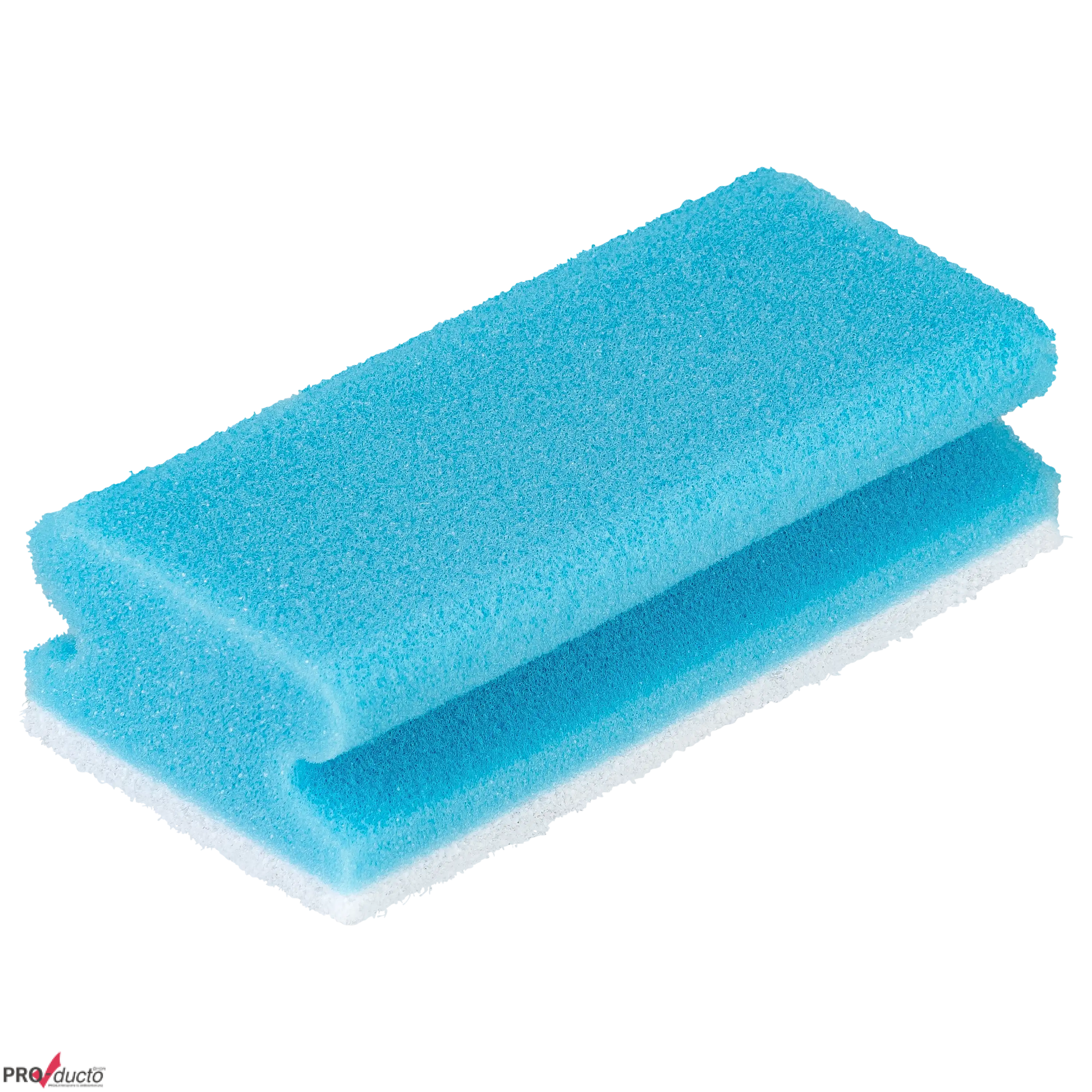 Ein blauer Reinigungsschwamm mit weißer Scheuerseite, ideal für professionelle Produktfotos von PRO-ducto GmbH.