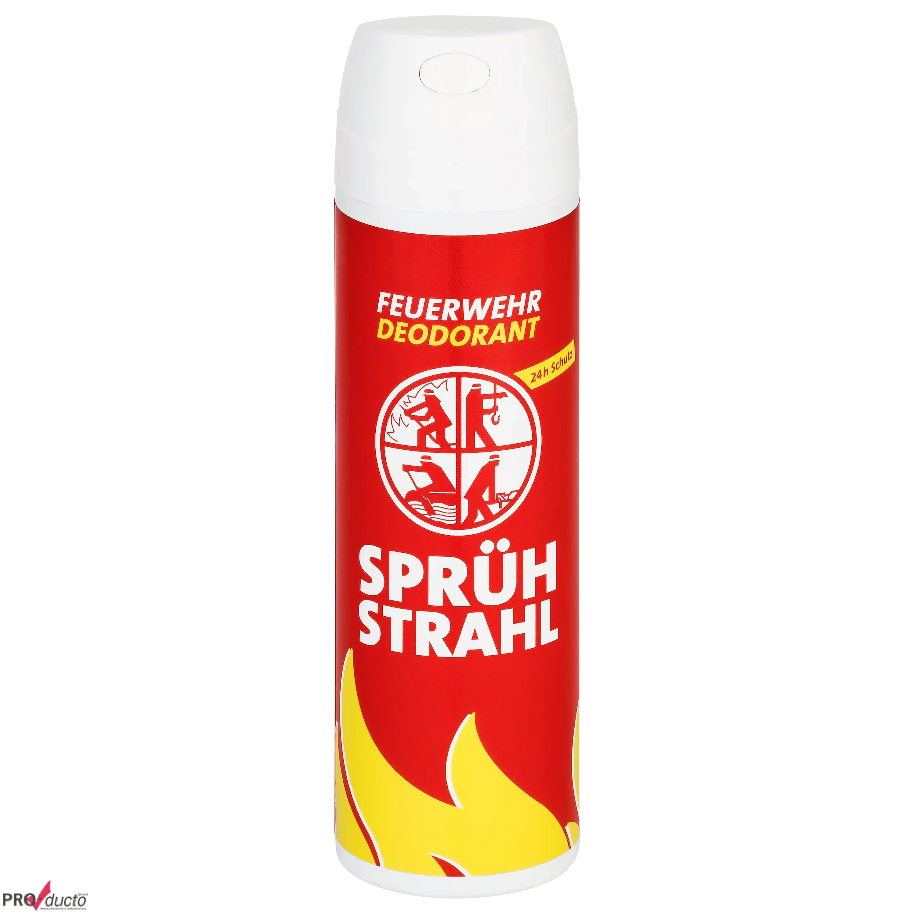 Rote Sprühdose mit weißem Deckel und Feuerwehr-Design für professionelle Produktfotos im Fotostudio.