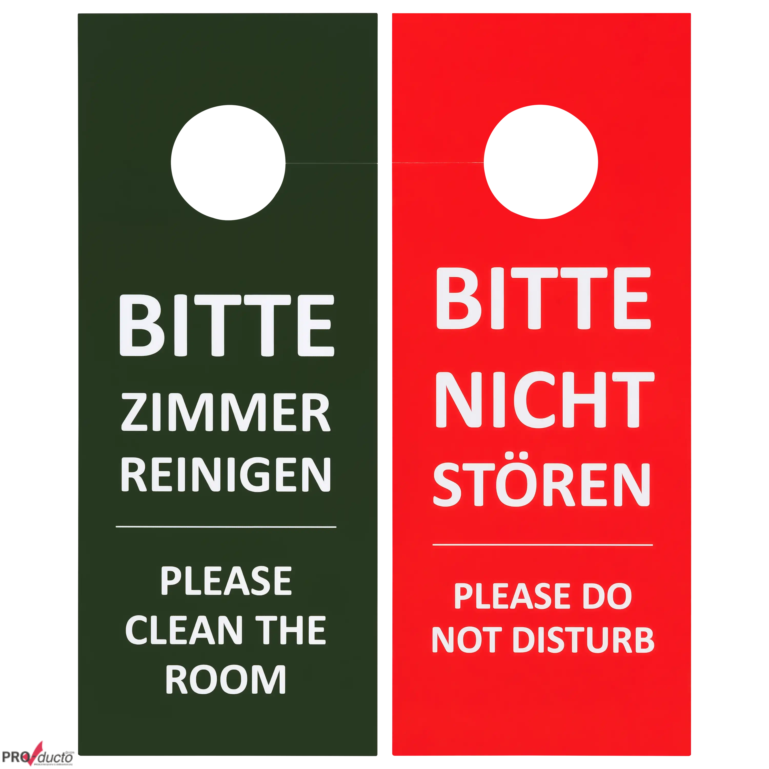 Zwei Hotel-Türanhänger in Grün und Rot mit der Aufschrift Bitte Zimmer reinigen und Bitte nicht stören.