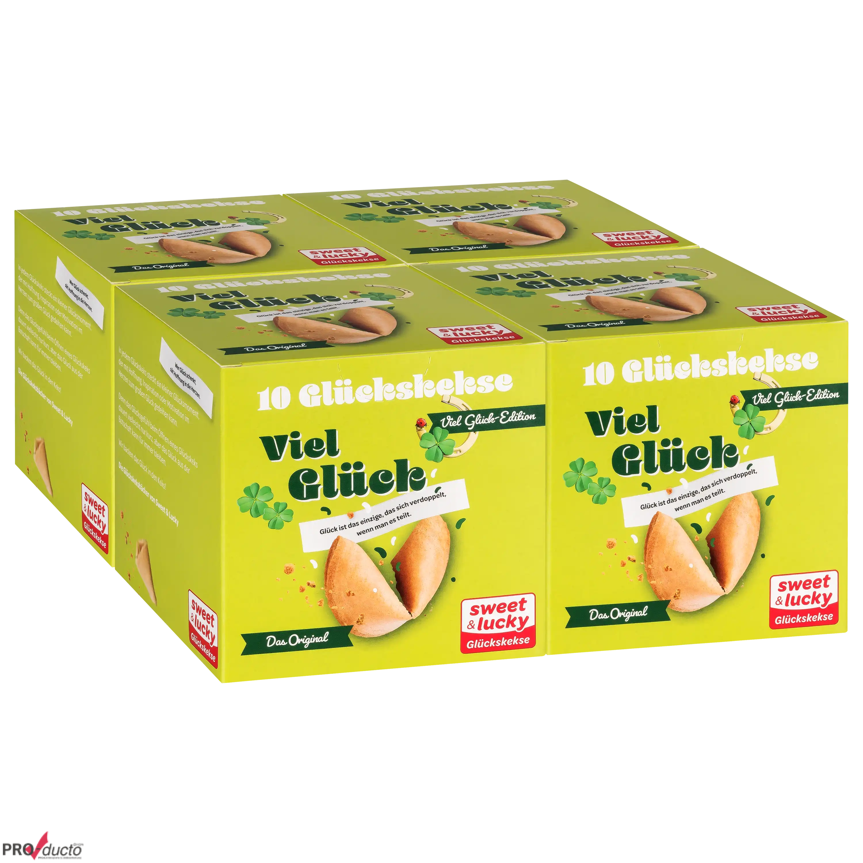 Mehrere gelbe Schachteln mit Glückskeksen der Marke sweet & lucky für professionelle Produktfotos von PRO-ducto.