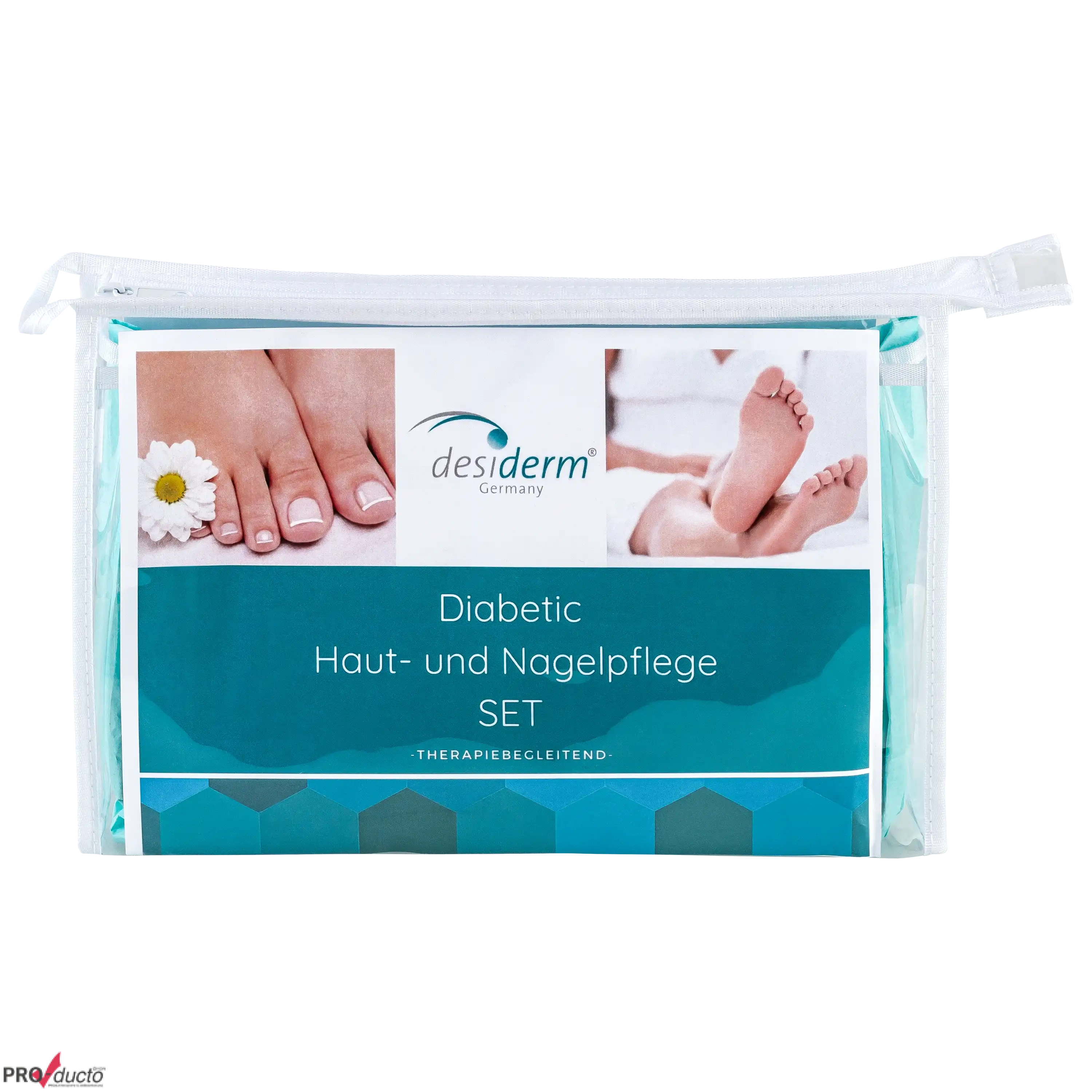 Transparente Kosmetiktasche von PRO-ducto GmbH mit desiderm Haut- und Nagelpflege-Set für Diabetiker auf weißem Grund.