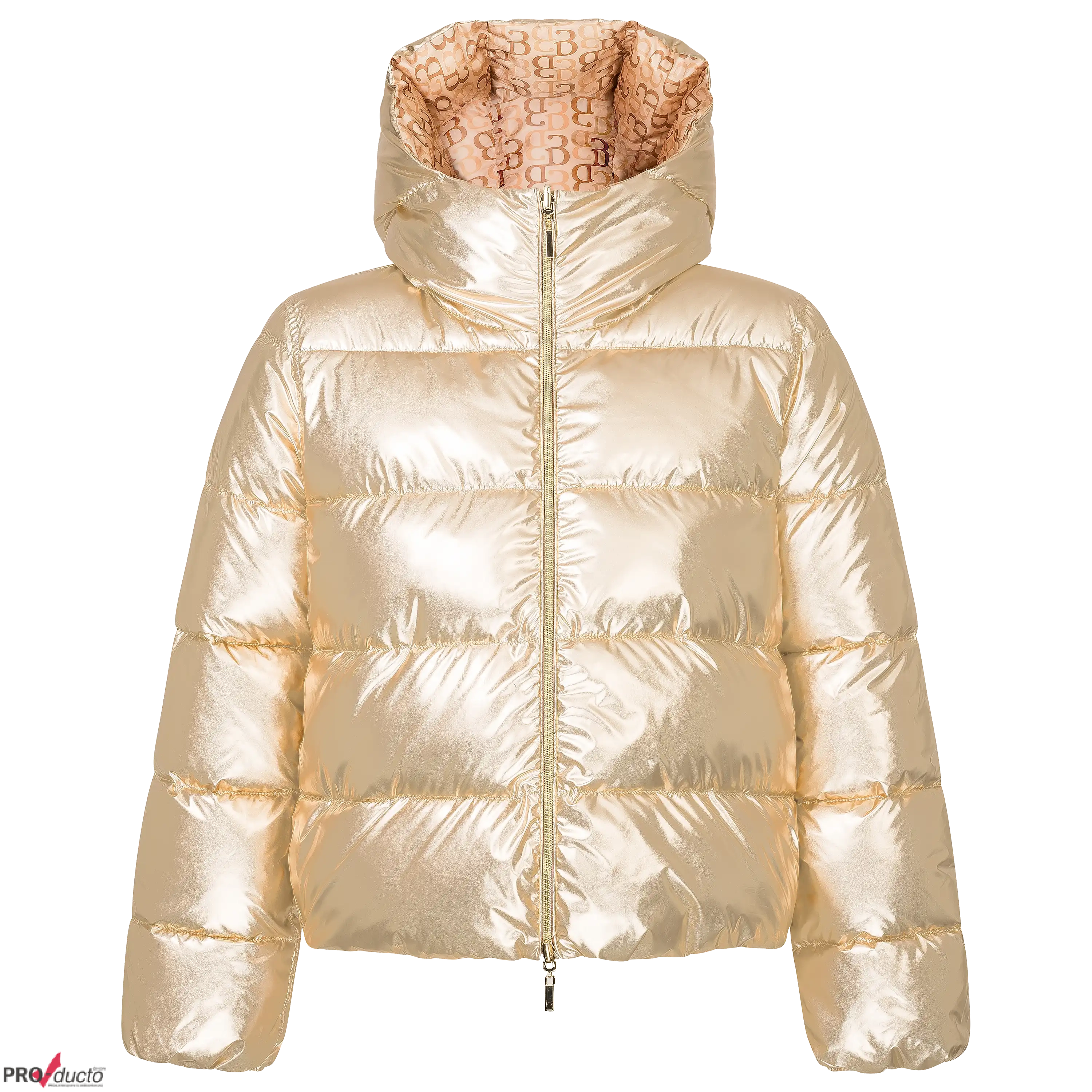 Professionelle Produktfotografie einer glänzenden goldenen Steppjacke. Hochwertige Textilfotografie für Produktbilder, ideal für Bekleidungsshops. PRO-ducto GmbH