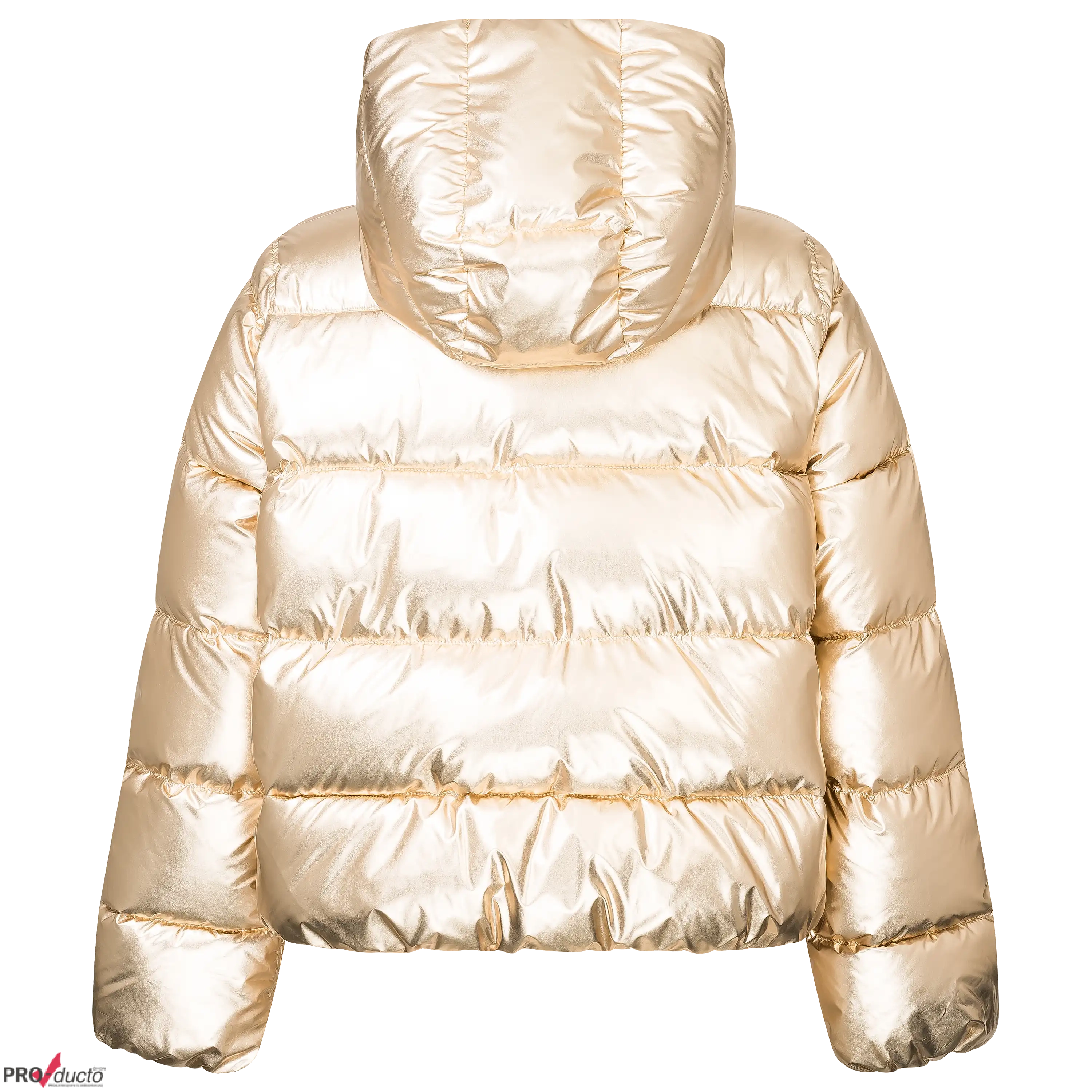 Professionelle Produktfotografie einer goldenen Steppjacke mit Kapuze als Freisteller für hochwertige Produktbilder und Textilfotografie im Web. PRO-ducto GmbH