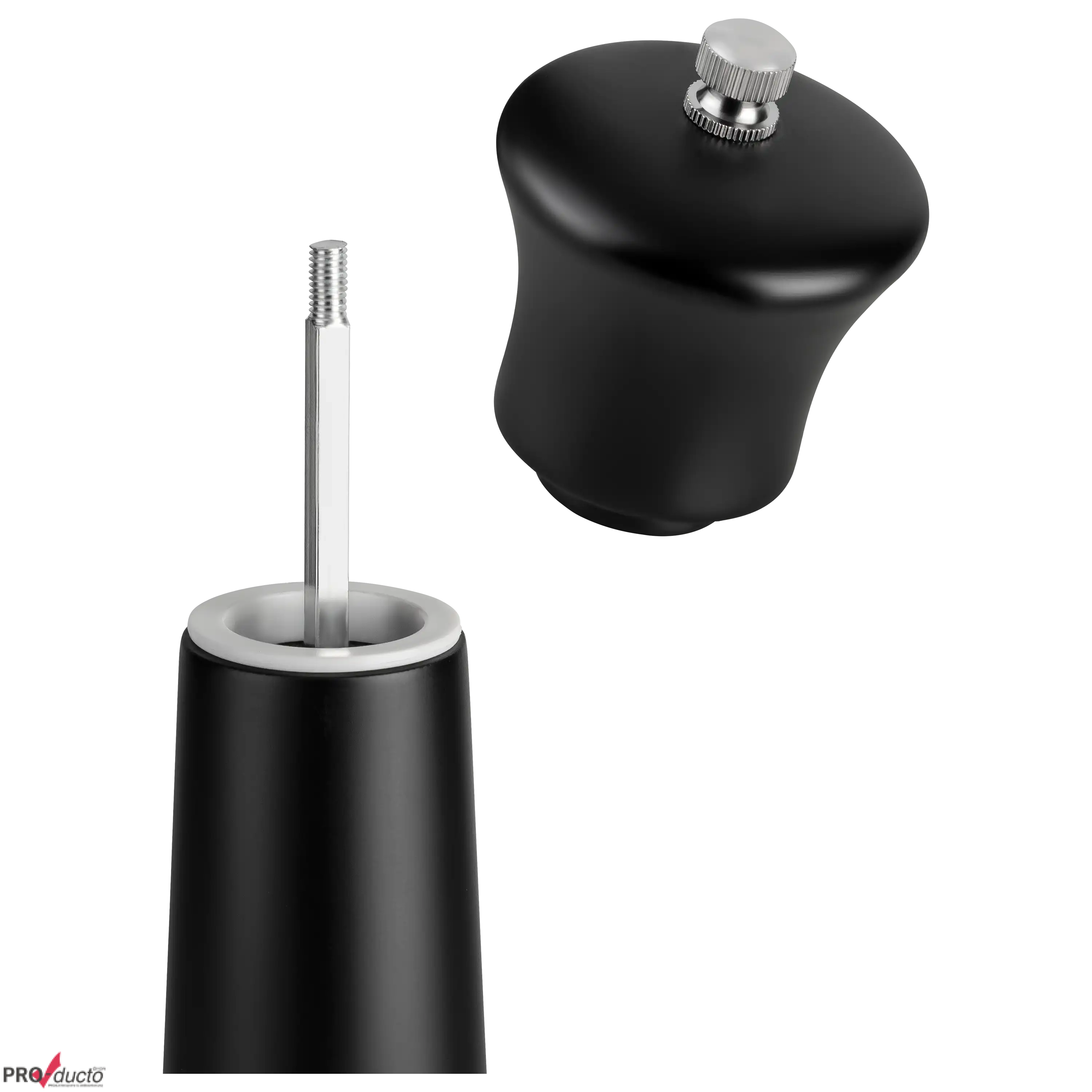 Geöffnete schwarze Pfeffermühle mit Metallstab für professionelle Produktfotos von PRO-ducto GmbH vor schwarzem Grund.