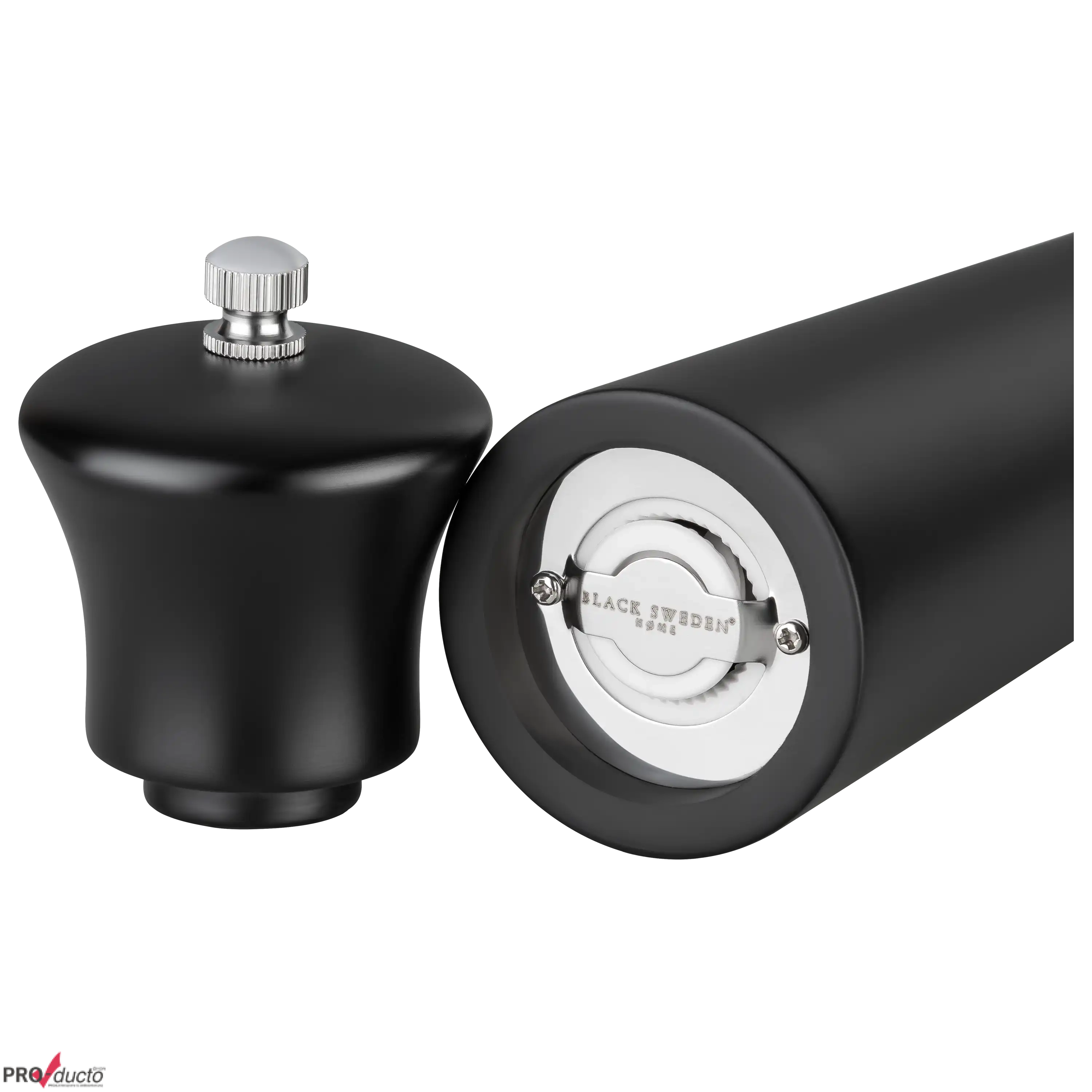 Professionelle Produktfotos von PRO-ducto GmbH: Schwarze Pfeffermühle mit offenem Mahlwerk und abgenommenem Deckel.