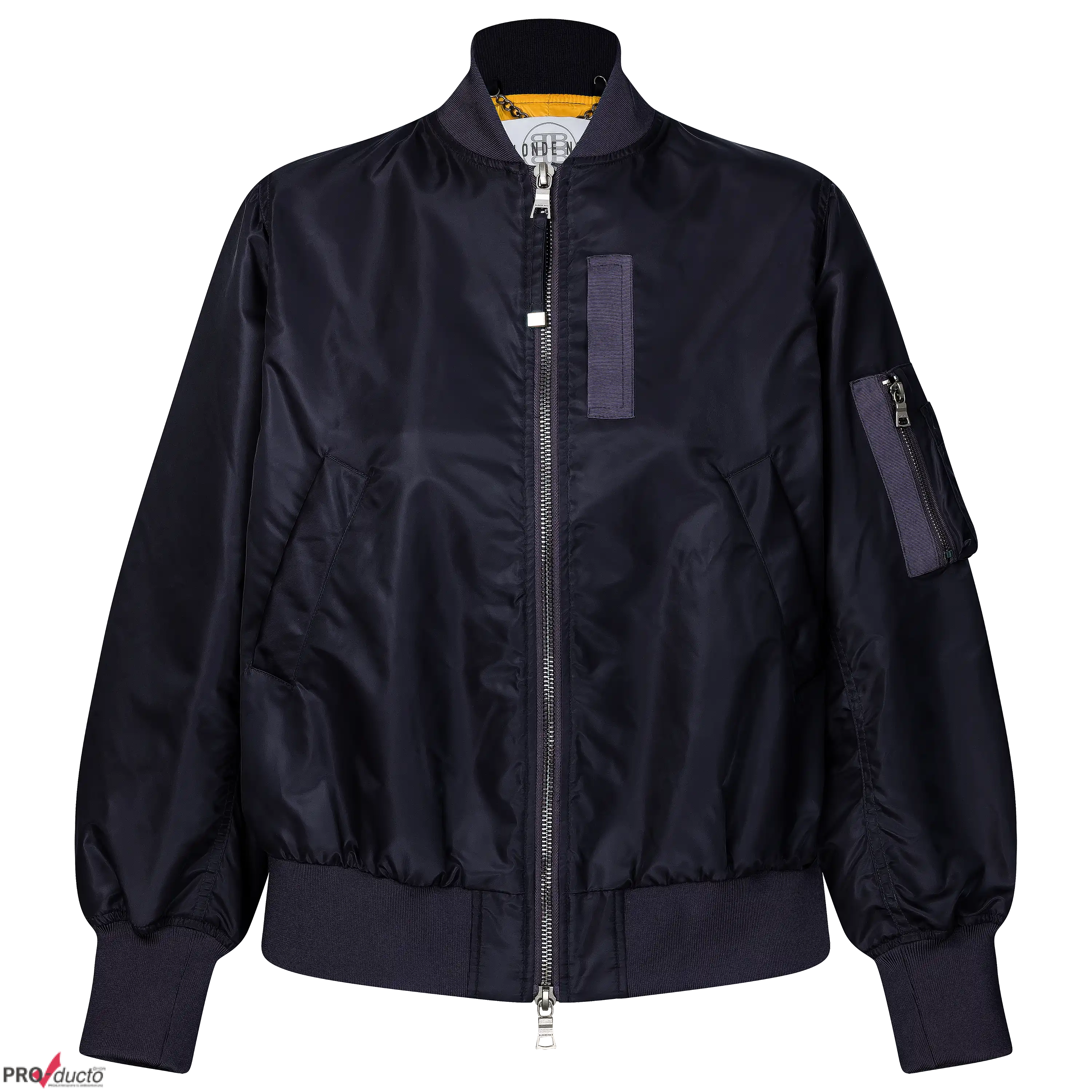 Professionelle Produktfotografie: Dunkelblaue Bomberjacke als Freisteller. Hochwertige Textilfotografie für Bekleidung, ideal für Produktbilder. PRO-ducto GmbH