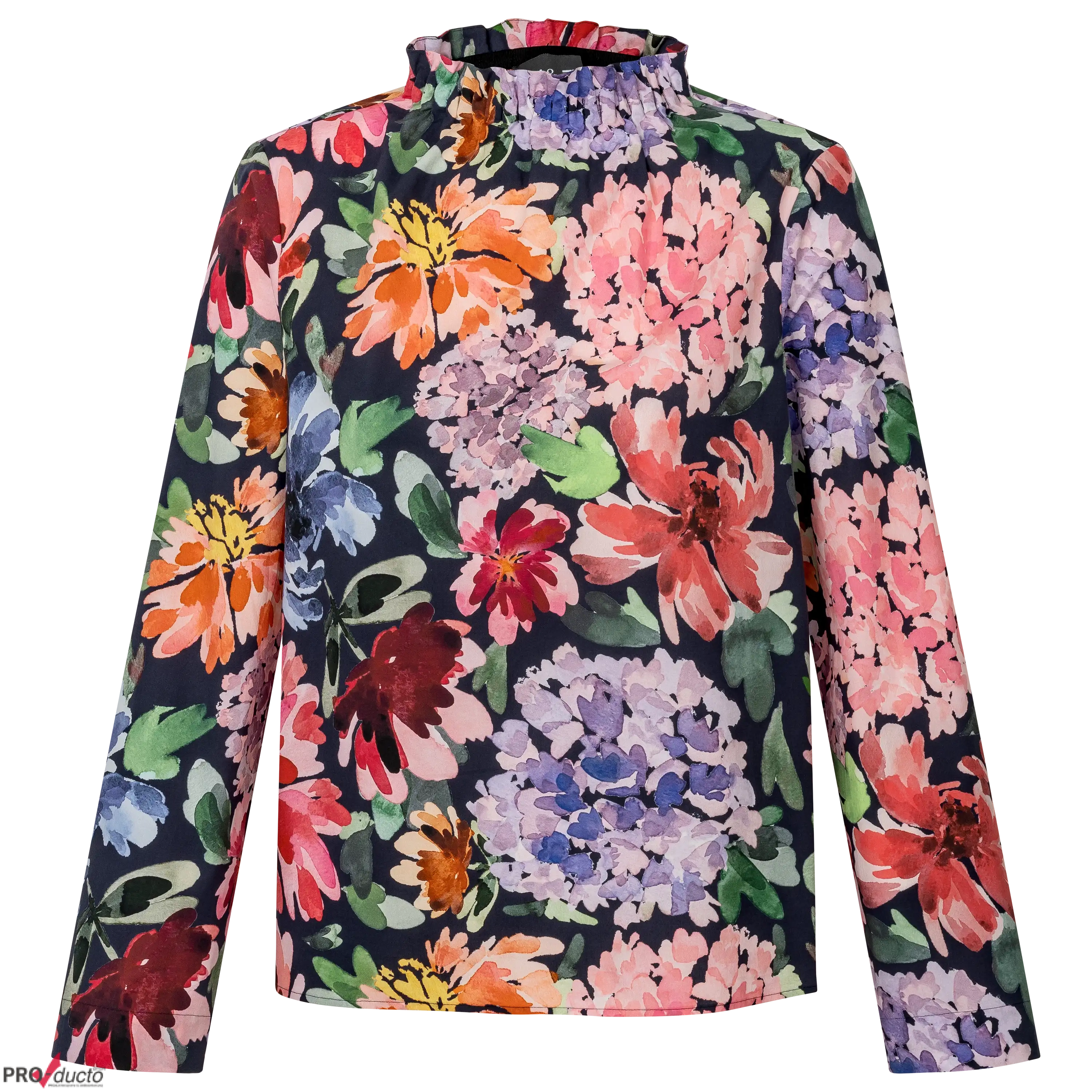 Professionelle Produktfotografie als Freisteller: Langarmbluse mit buntem Blumenmuster und Stehkragen, ideal um hochwertige Produktbilder zu erstellen. PRO-ducto GmbH