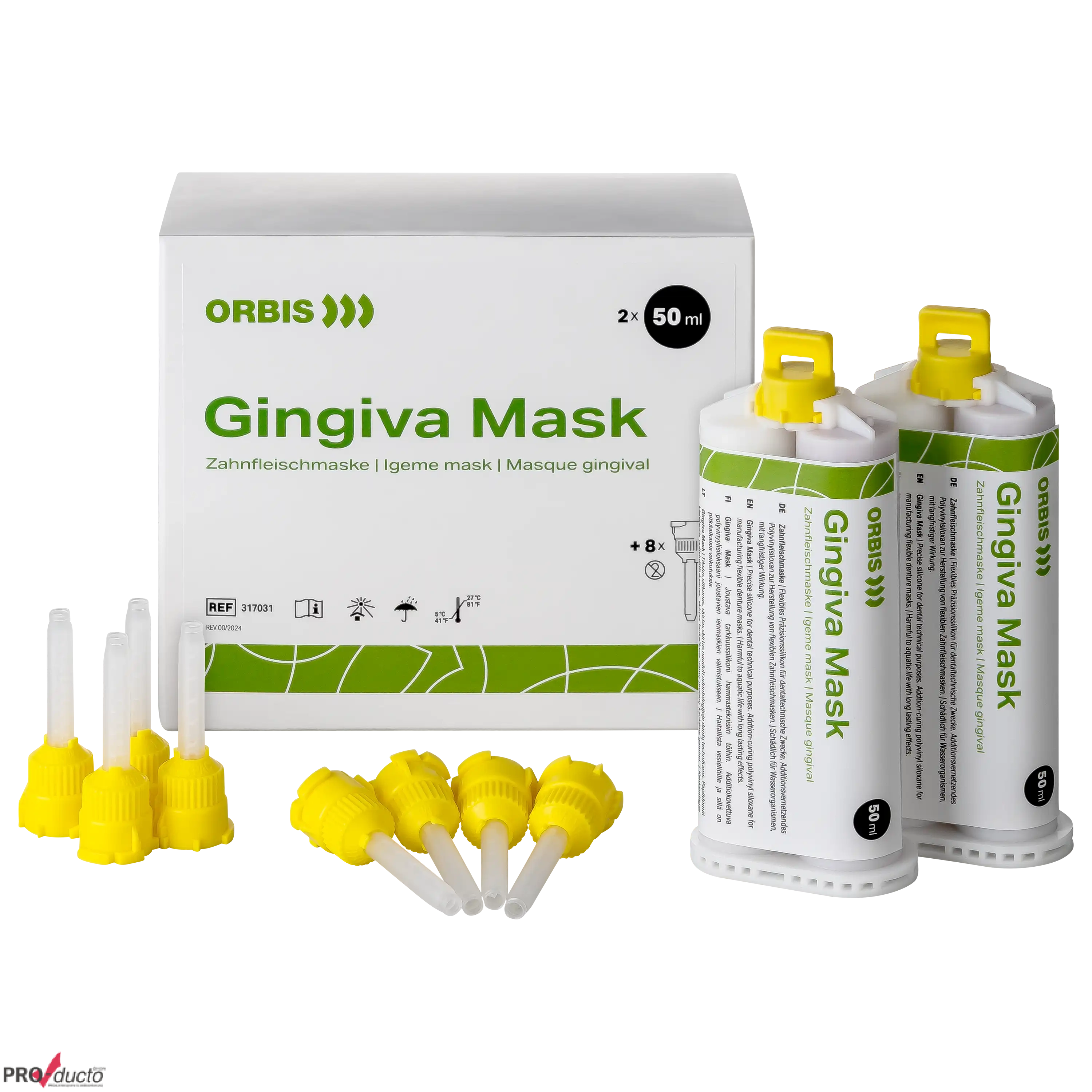 Orbis Gingiva Mask Set mit Kartuschen und Mischkanülen für professionelle Produktfotos von PRO-ducto GmbH.