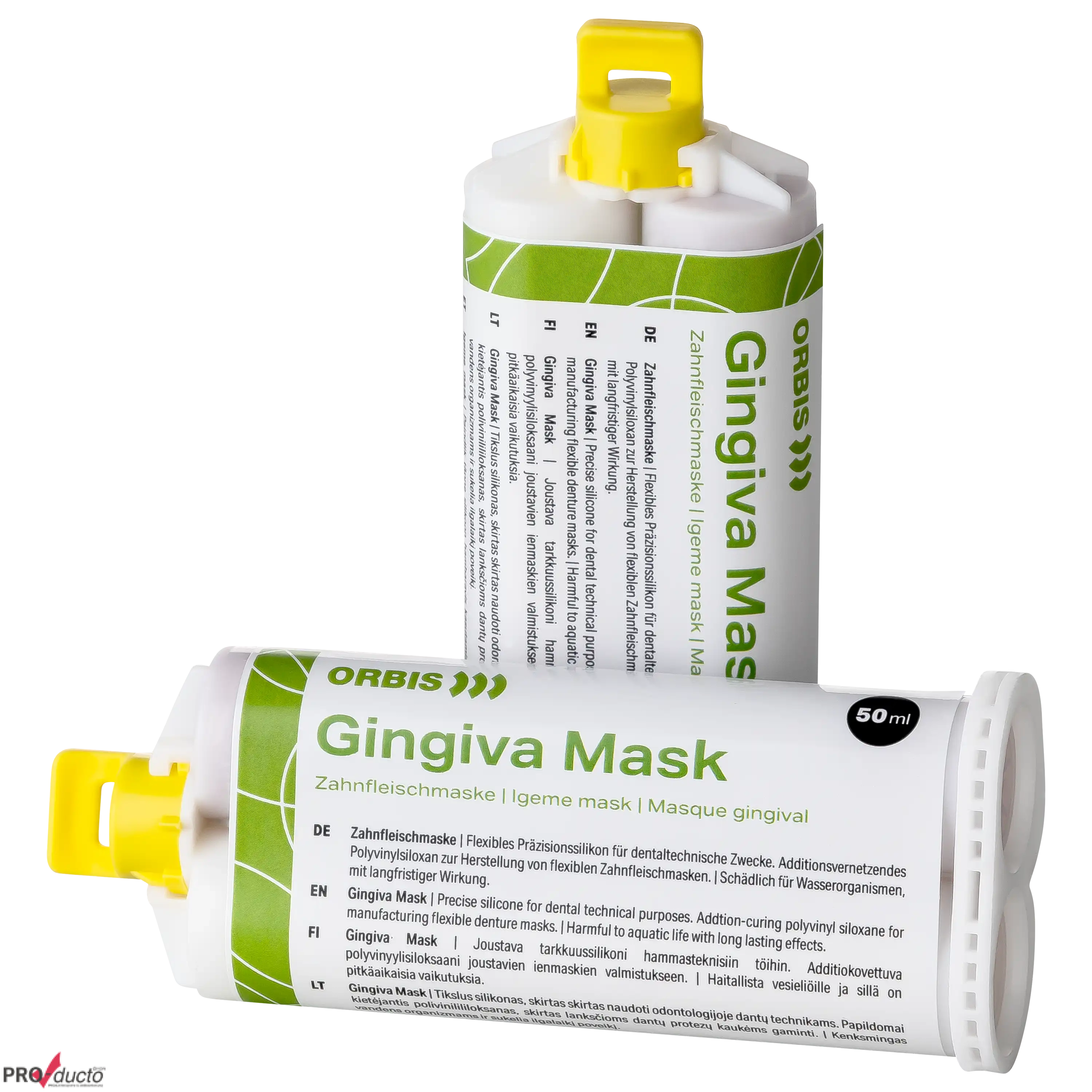 Zwei Kartuschen Orbis Gingiva Mask für die professionelle Produktfotografie im Fotostudio vor schwarzem Hintergrund.