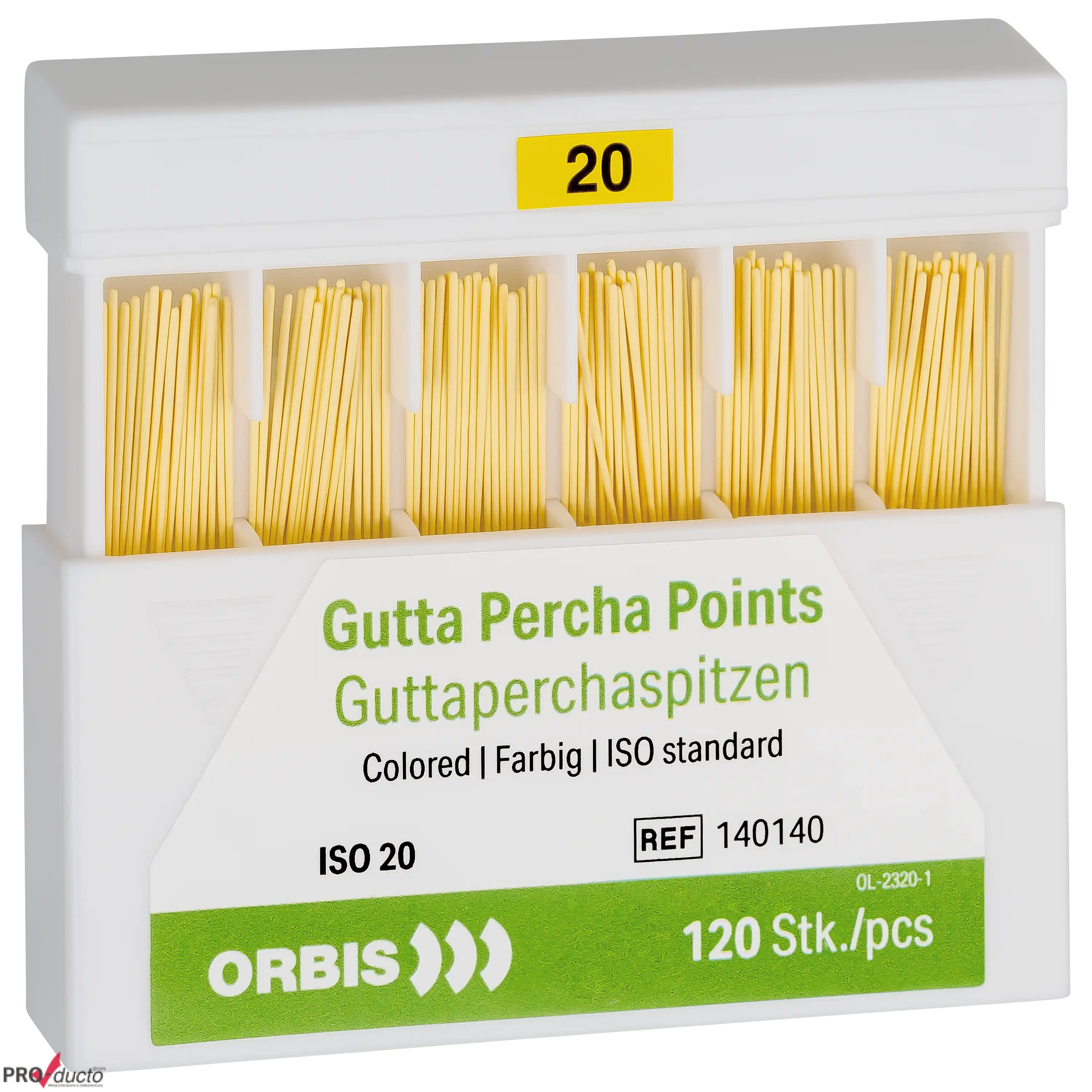 Weiße Packung mit gelben Guttaperchaspitzen der Marke Orbis für die professionelle Produktfotografie im Studio.