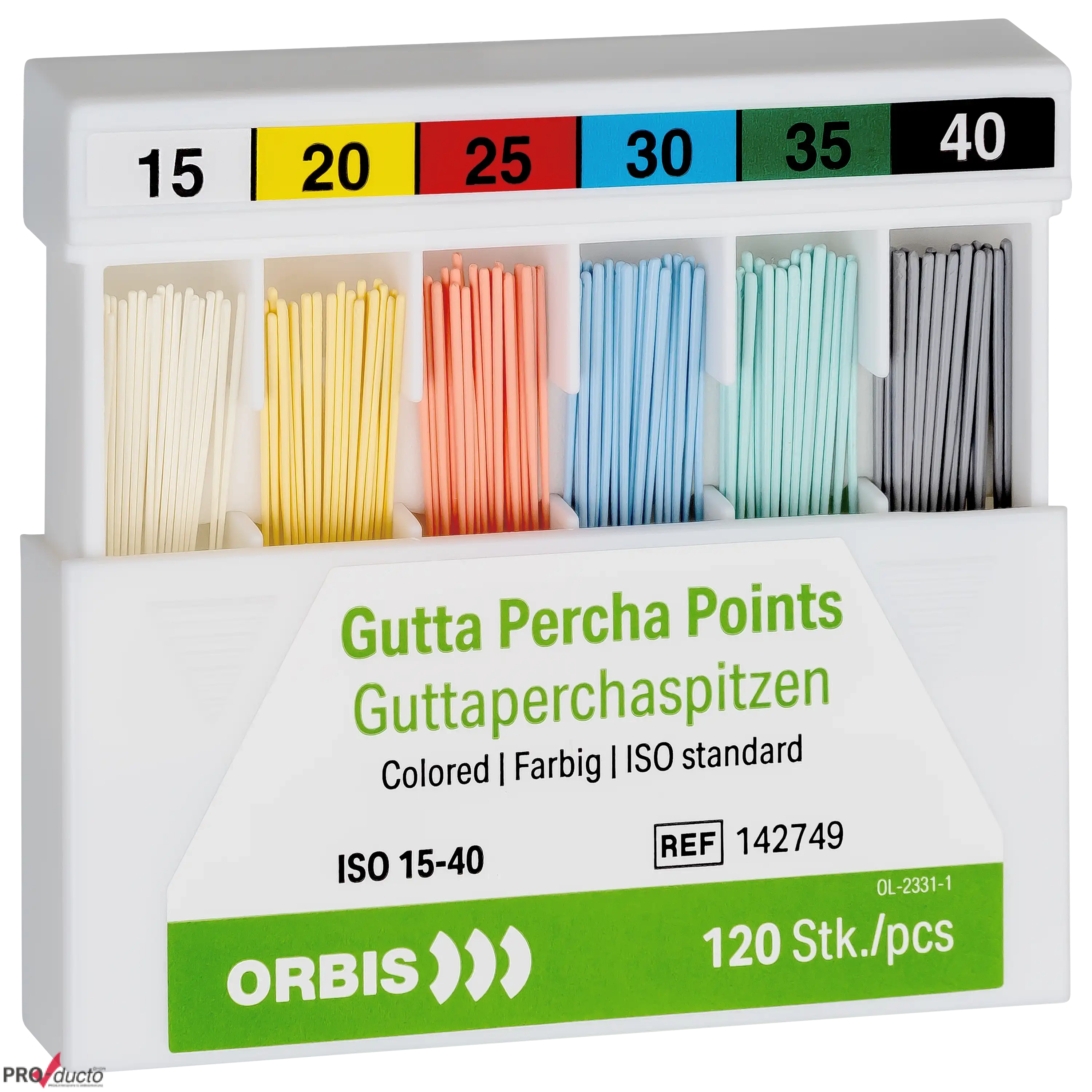 Orbis Guttaperchaspitzen in einer Sortierbox mit farbigen ISO-Größen 15 bis 40 für die professionelle Zahnmedizin.