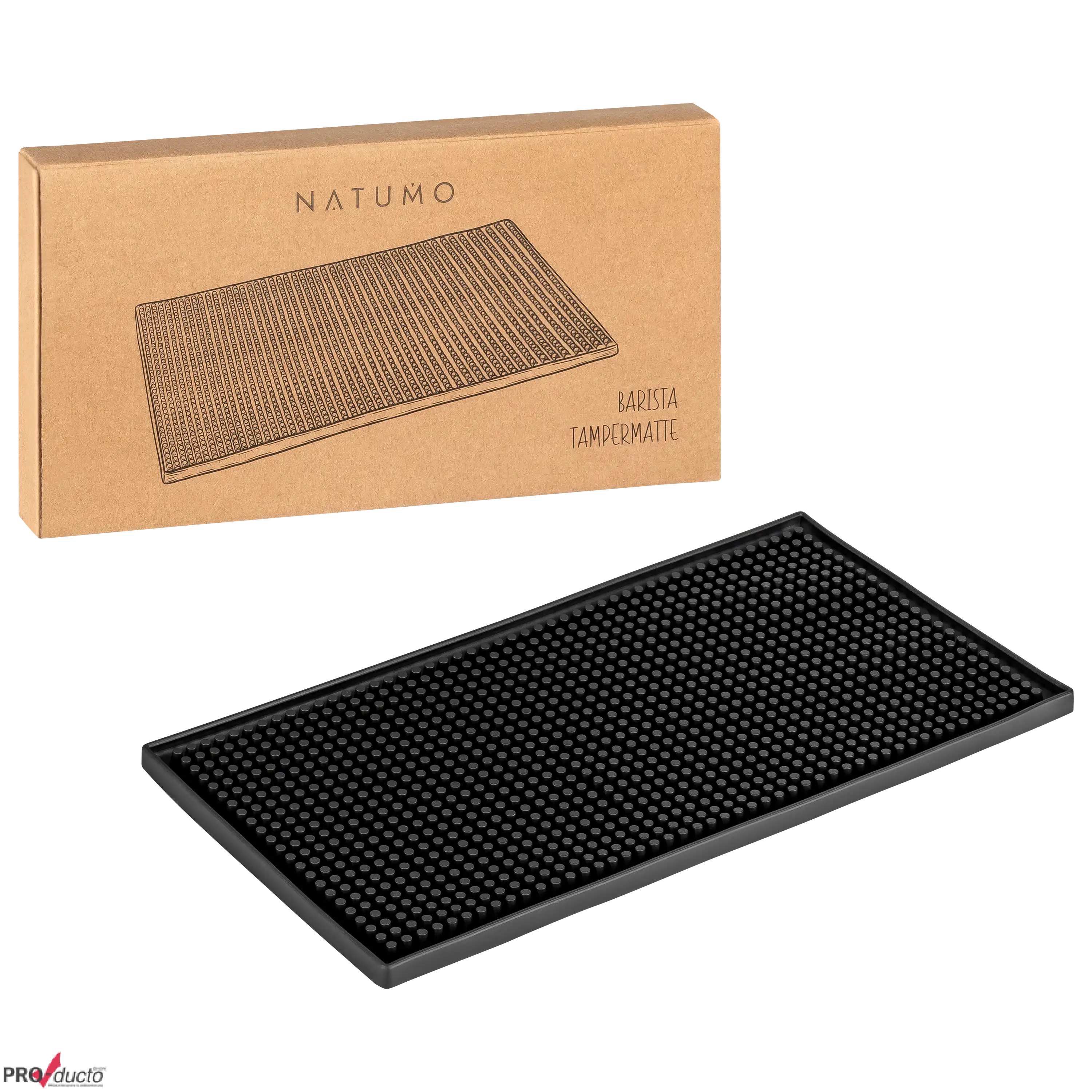 Schwarze Natumo Barista Tampermatte vor der passenden Produktverpackung aus Karton im Fotostudio aufgenommen.