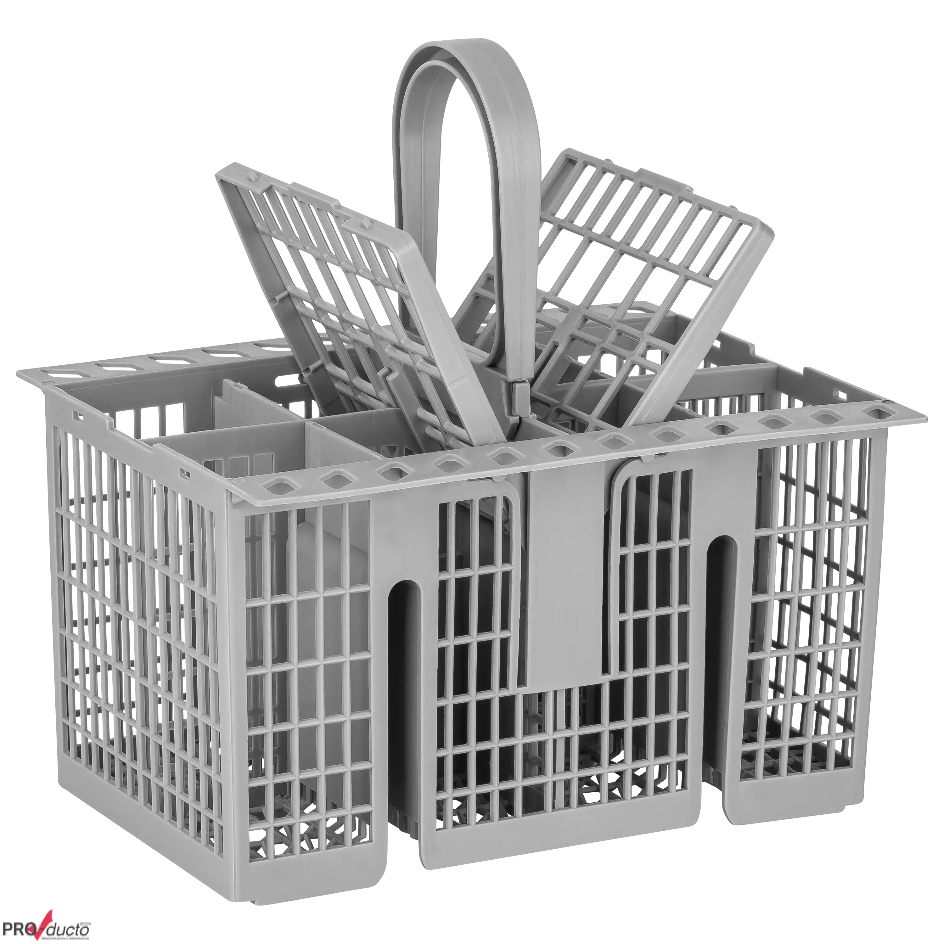 Grauer Besteckkorb für Spülmaschinen von PRO-ducto GmbH, ideal für professionelle Produktfotos und Präsentationen.
