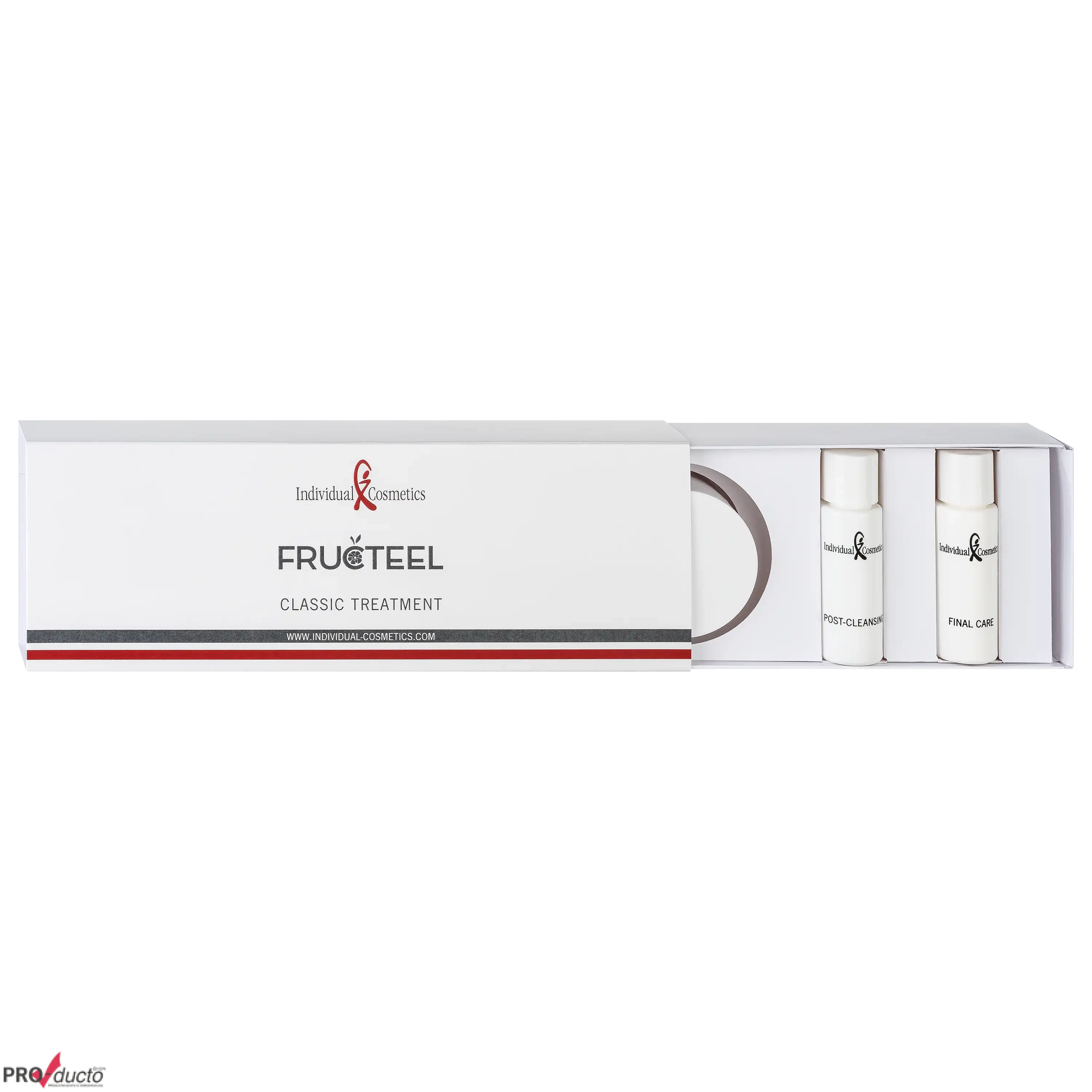 Professionelle Produktfotos von Individual Cosmetics Fructeel Classic Treatment in einer weißen Kosmetikbox.