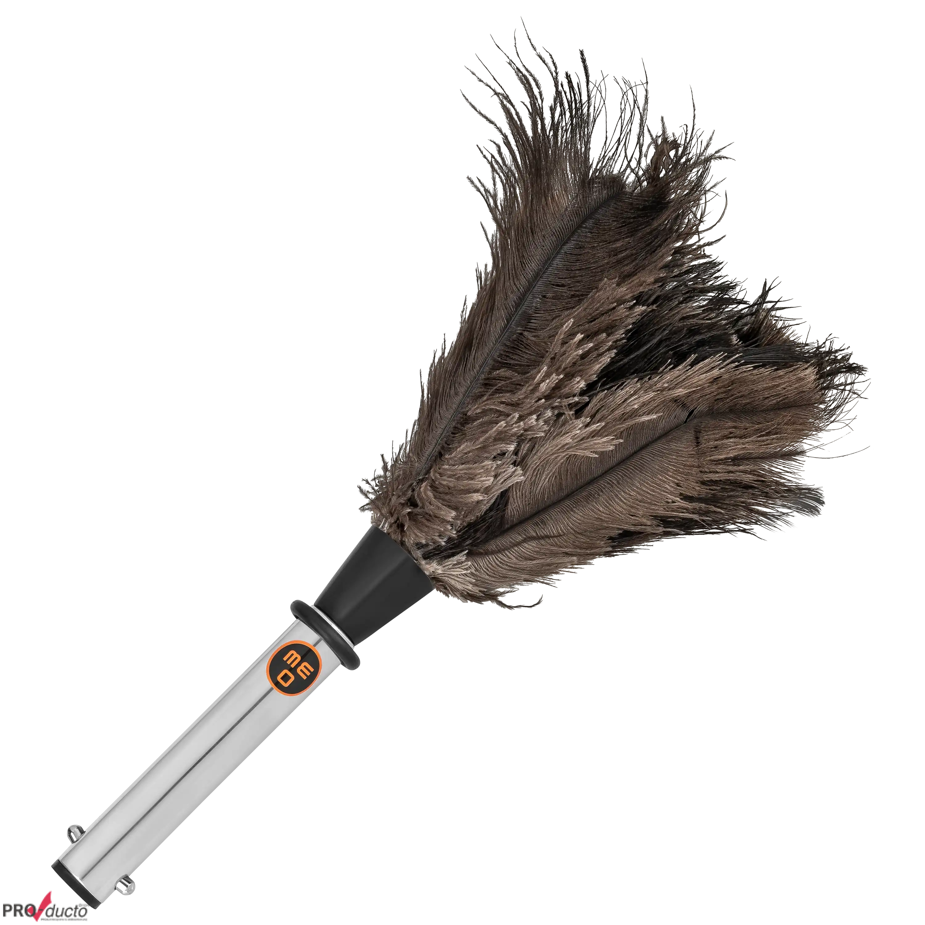 Professionelle Produktfotografie eines Staubwedels mit braunen Federn und silbernem Griff im Fotostudio.