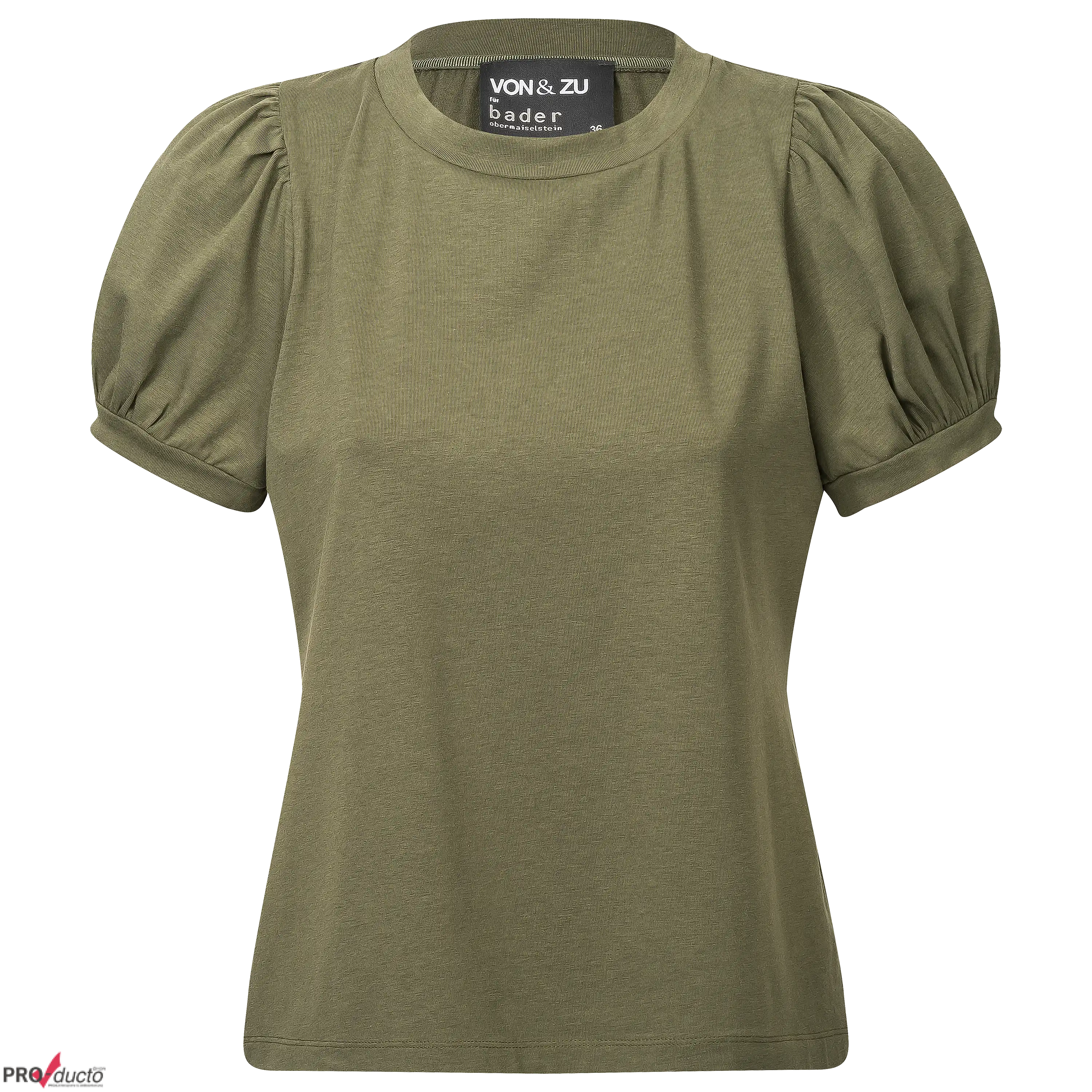 Professioneller Freisteller: Olivgrünes Damen-T-Shirt mit Puffärmeln für Produktfotografie. Lassen Sie hochwertige Produktbilder für mehr Umsatz erstellen. PRO-ducto GmbH
