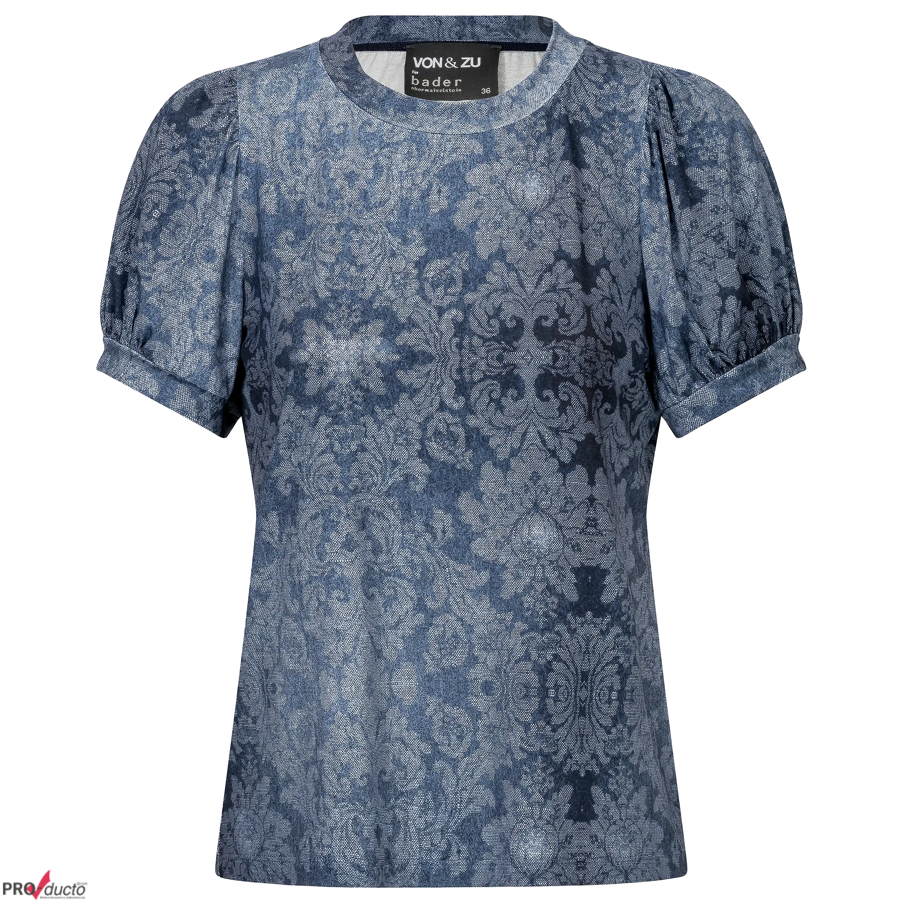 Professionelle Produktfotografie als Freisteller: Blaues Damen-Shirt mit Barock-Muster. Hochwertige Hollowman Fotografie für mehr Umsatz im Online-Shop. PRO-ducto GmbH