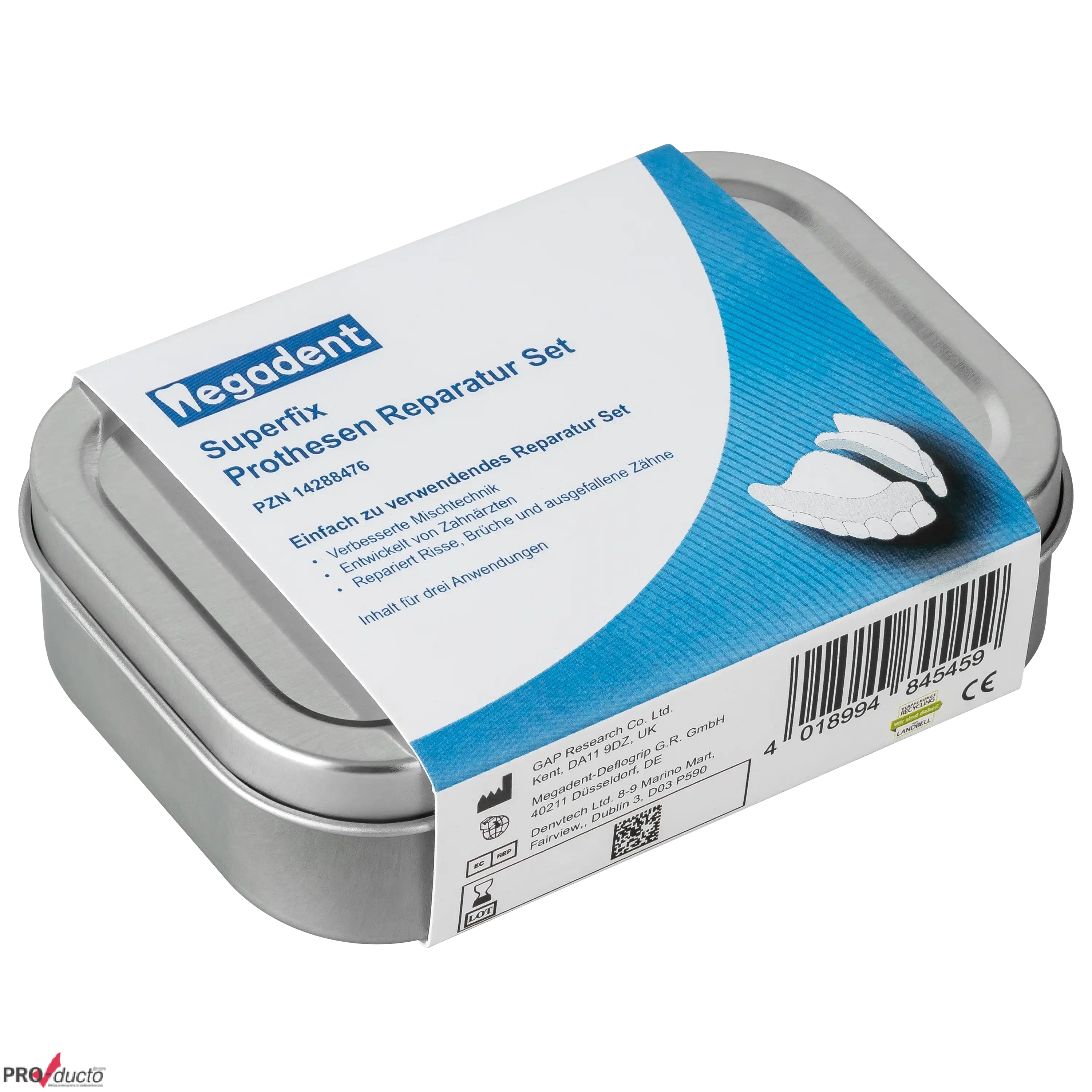 Professionelle Produktfotografie eines Megadent Superfix Prothesen Reparatur Sets in einer silbernen Metalldose.