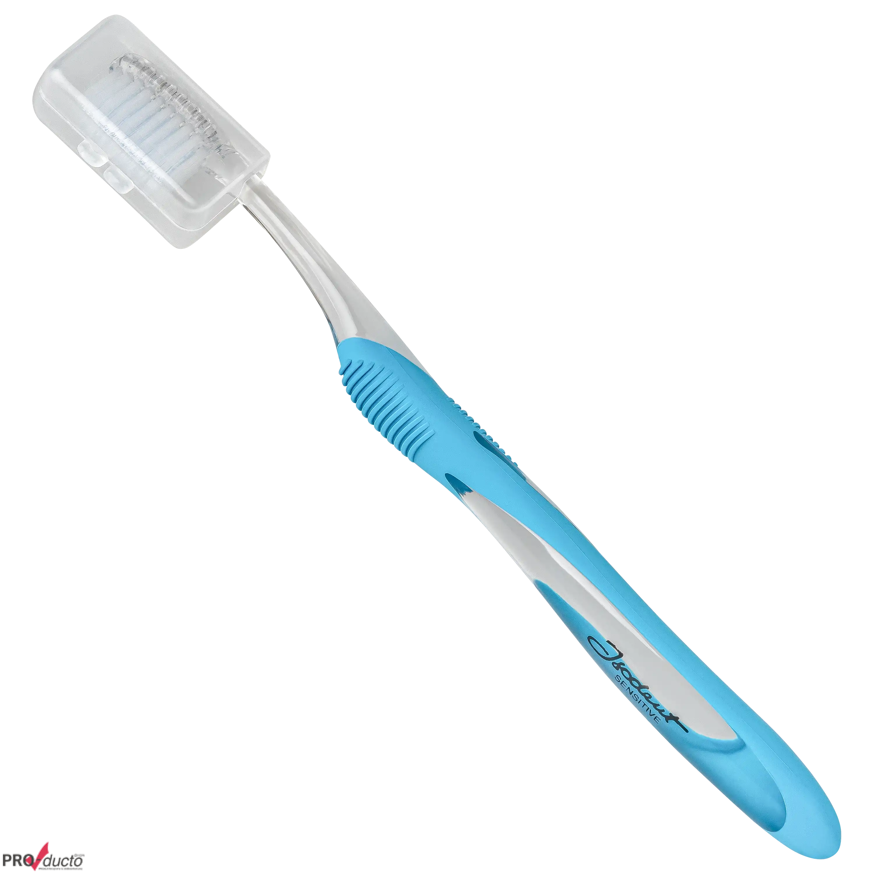 Eine blaue Sensitive Zahnbürste mit Schutzkappe für professionelle Produktfotos von der PRO-ducto GmbH.