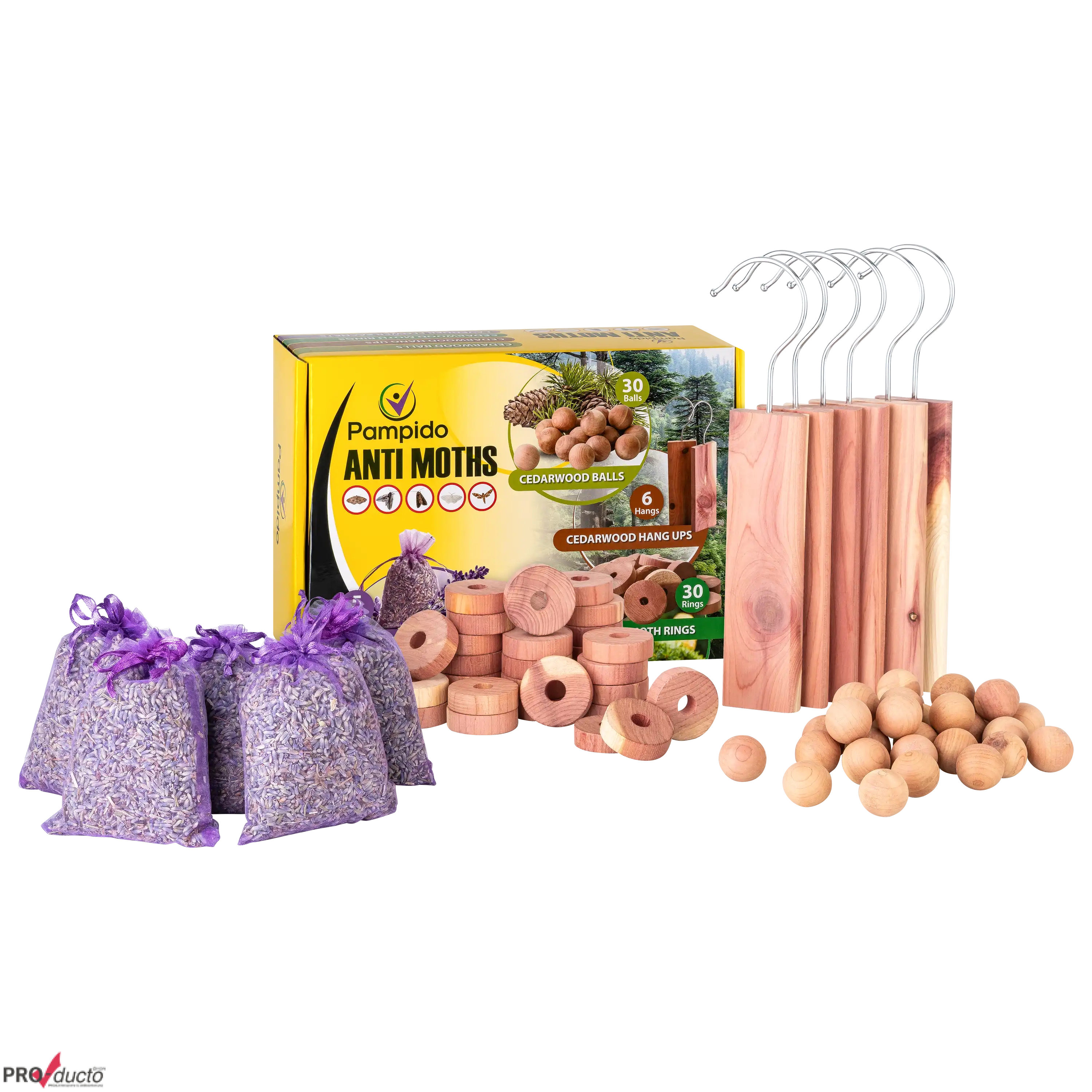 Pampido Anti-Motten-Set mit Zedernholz, Lavendelsäckchen und Kleiderbügeln für professionelle Produktfotografie.