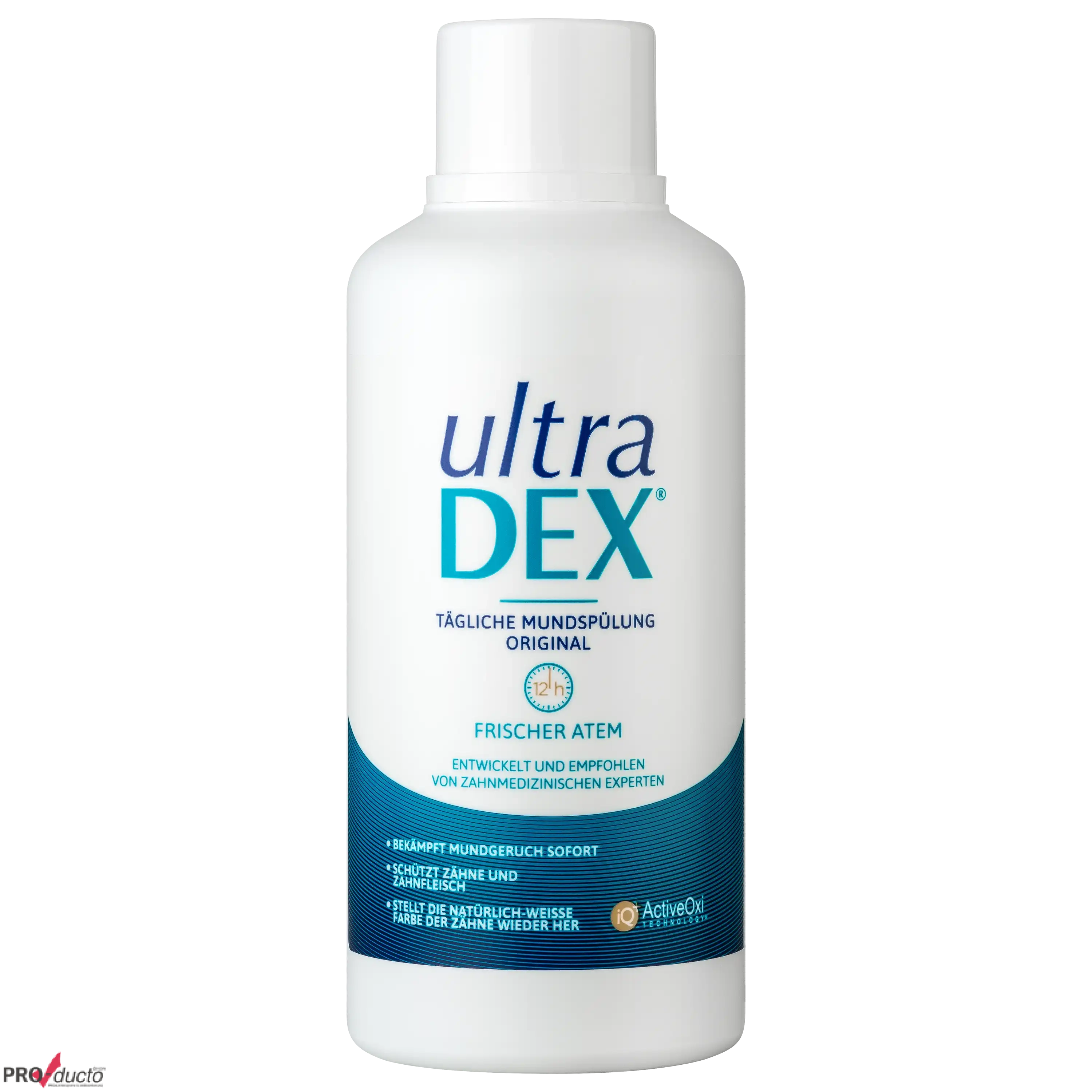 Weiße Flasche der ultraDEX Mundspülung Original vor schwarzem Hintergrund für professionelle Produktfotos.
