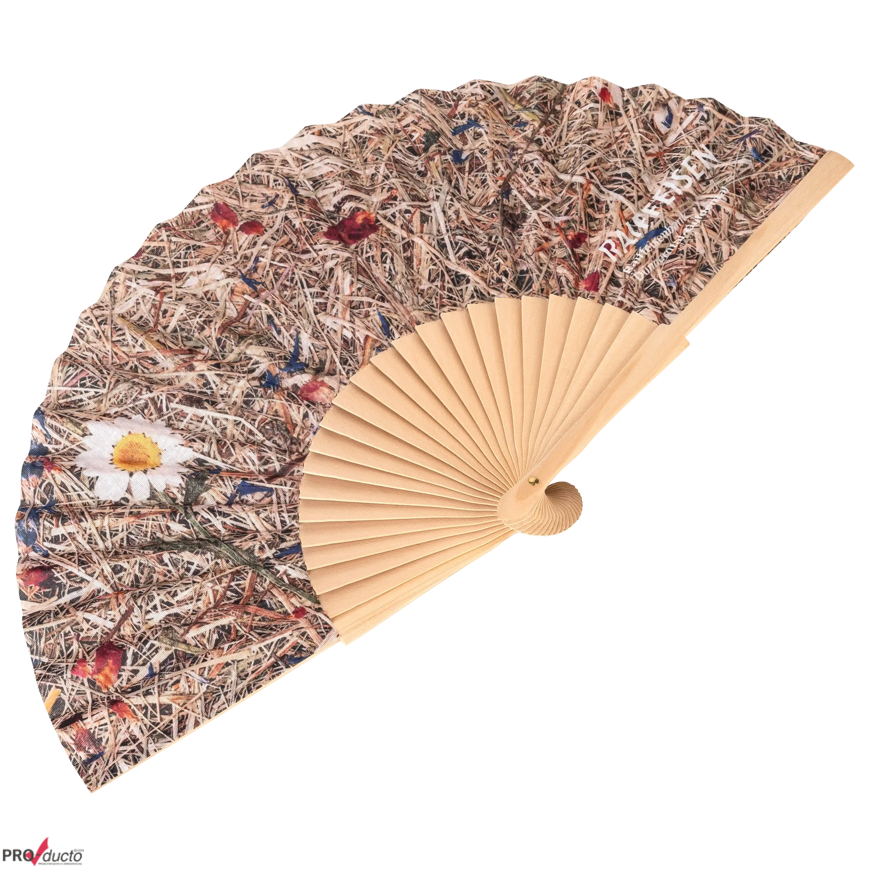 Ein aufgefächerter Fächer mit Stroh- und Blumenmuster aus einem Fotostudio für professionelle Produktfotos.