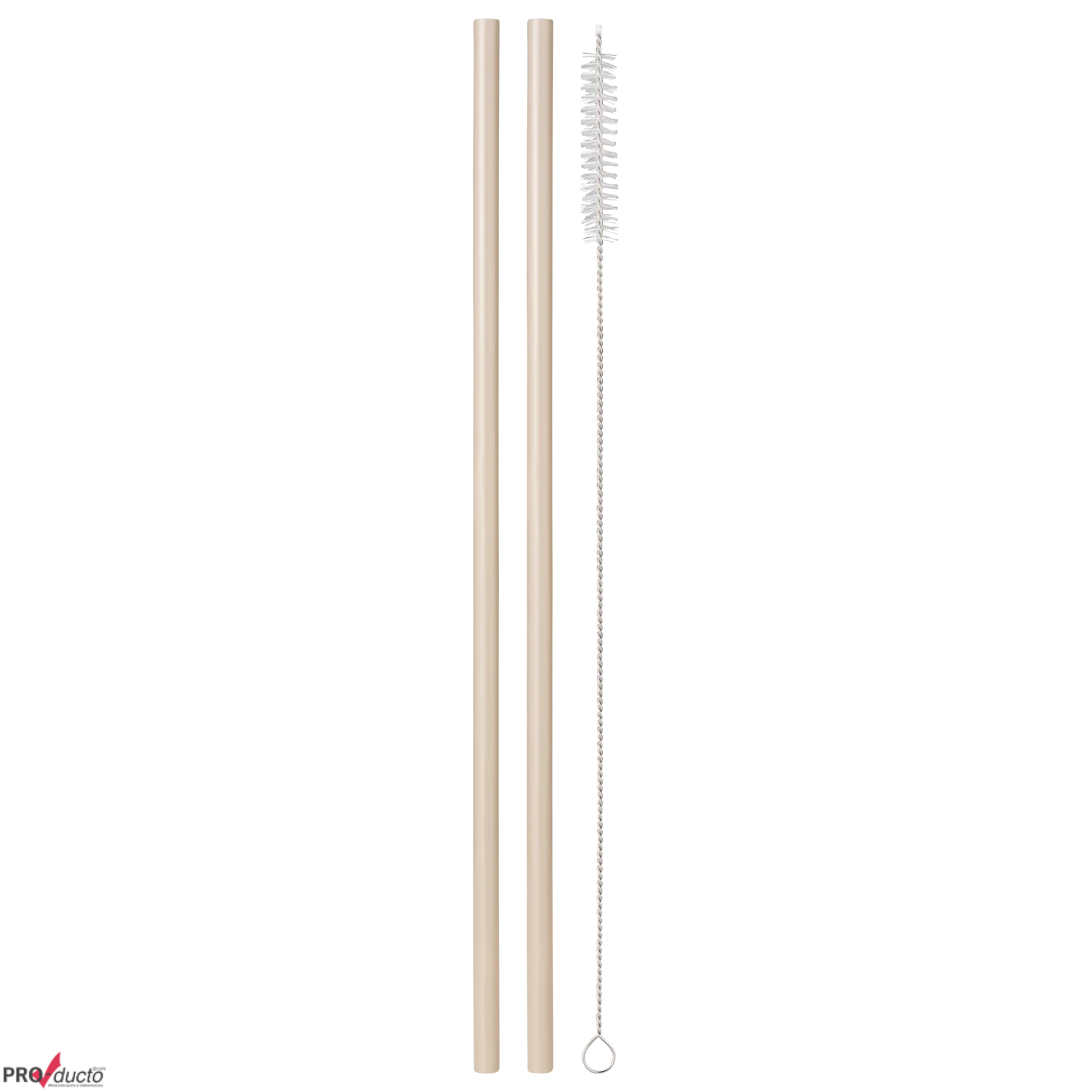 Zwei beige Trinkhalme und eine Reinigungsbürste für professionelle Produktfotos von der PRO-ducto GmbH präsentiert.