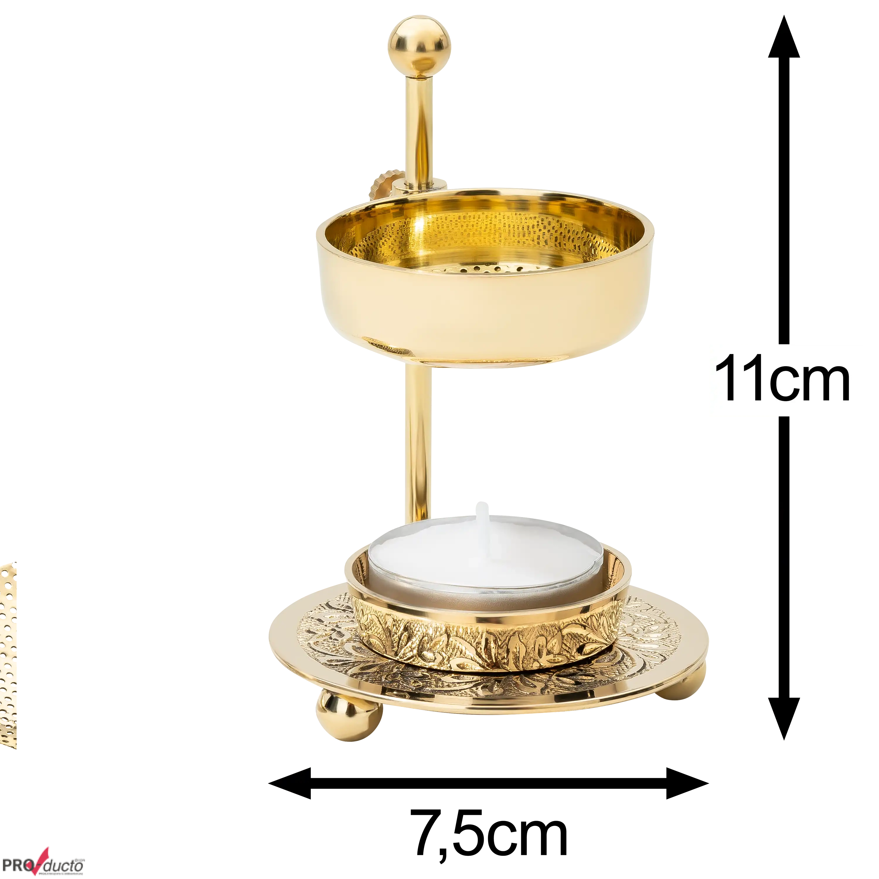 Goldene Duftlampe von PRO-ducto GmbH mit Teelicht und 11 cm Höhenangabe für professionelle Produktfotos.