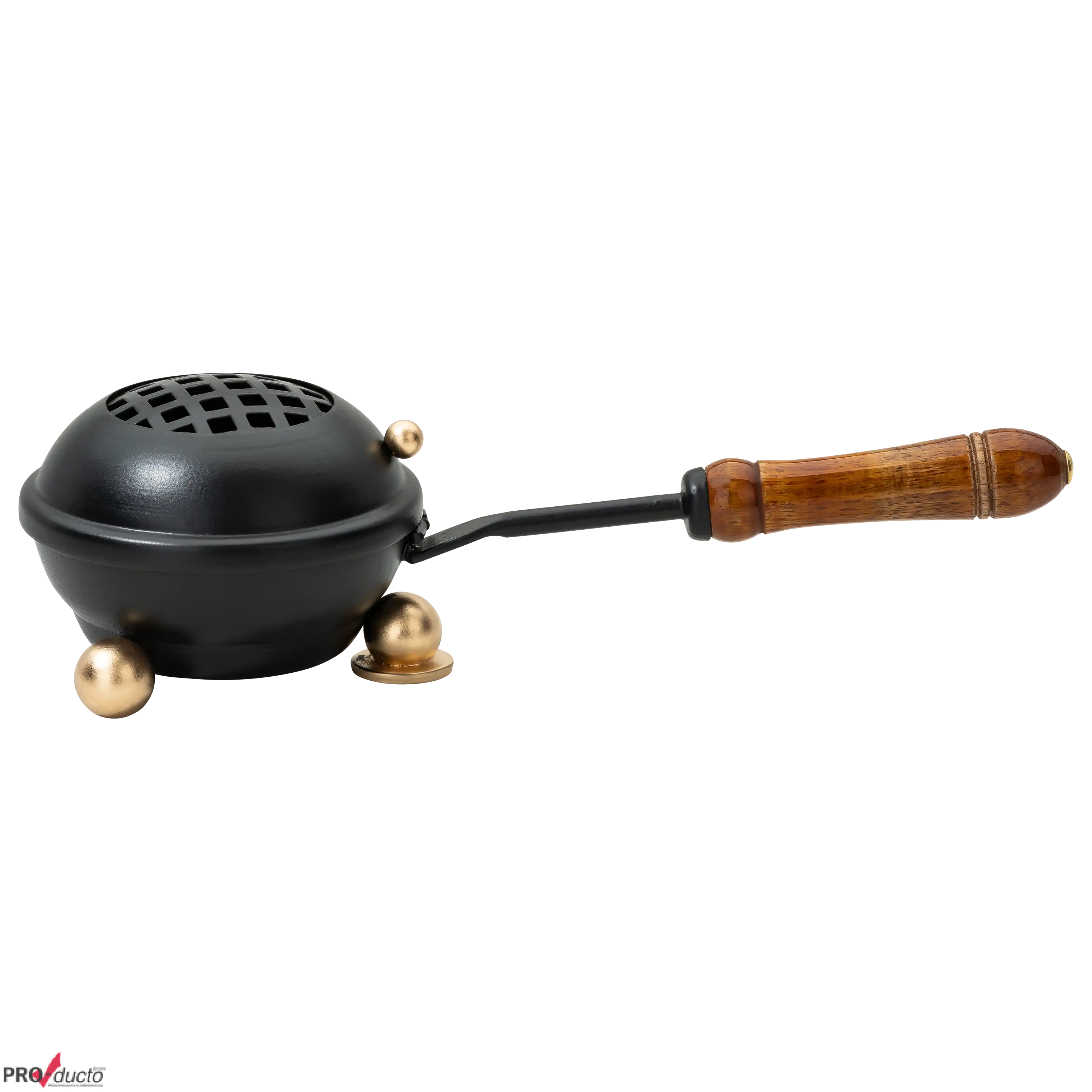 Schwarzes Räuchergefäß mit Holzgriff und goldenen Standfüßen aus professioneller Produktfotografie im Fotostudio.